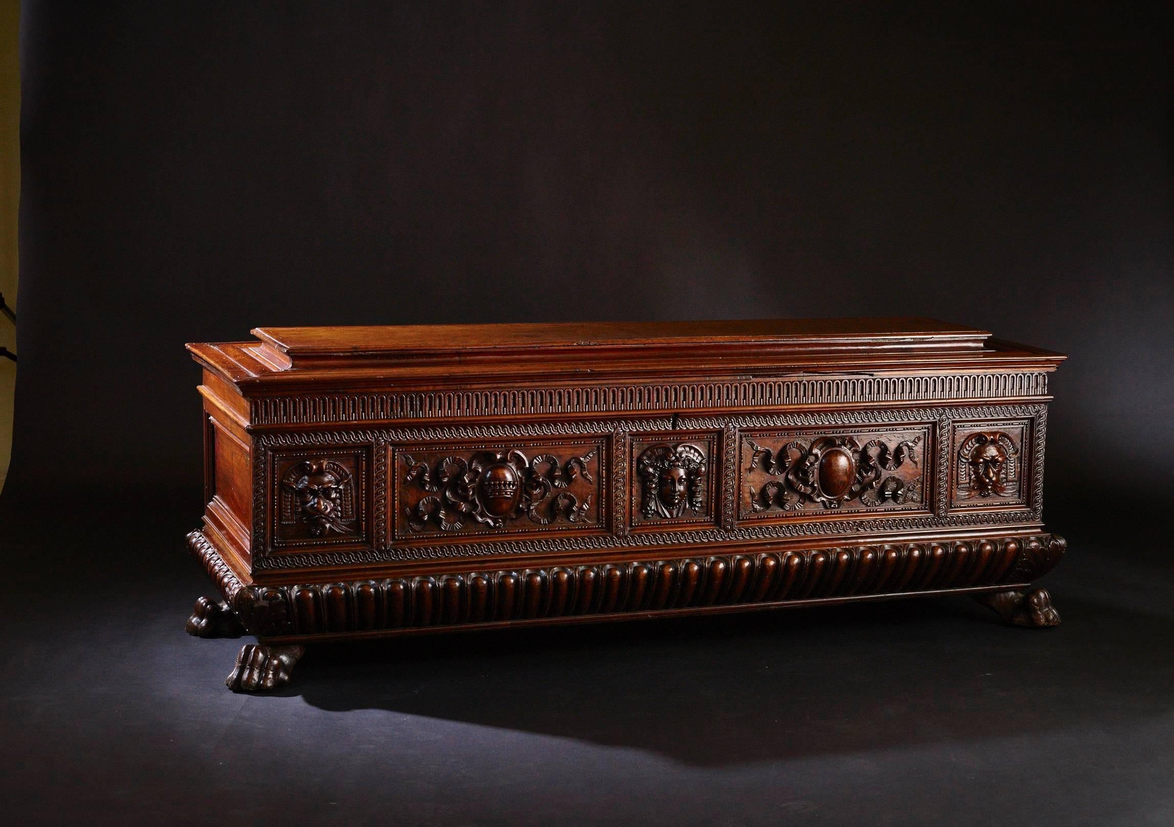 Carved 16th Century Tuscan Walnut Marriage Cassone