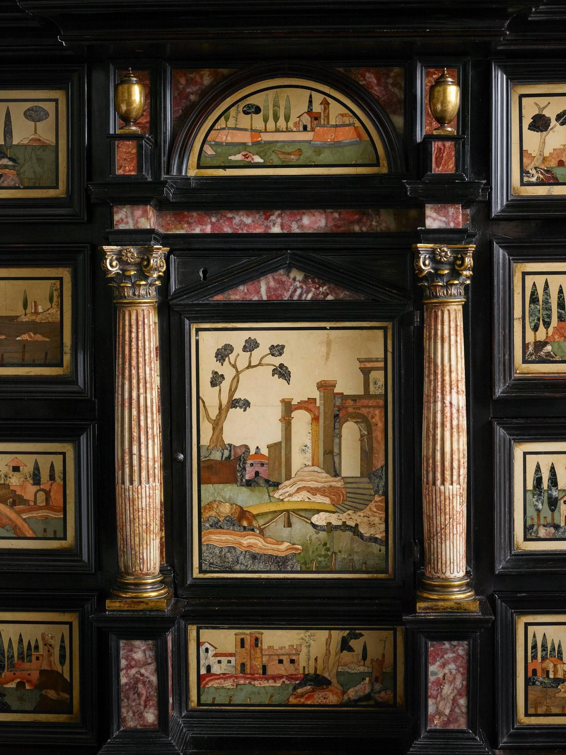 Renaissance Rare and Important 17th Century Ebony and Pietra Dura Inlaid Cabinet, Florence For Sale