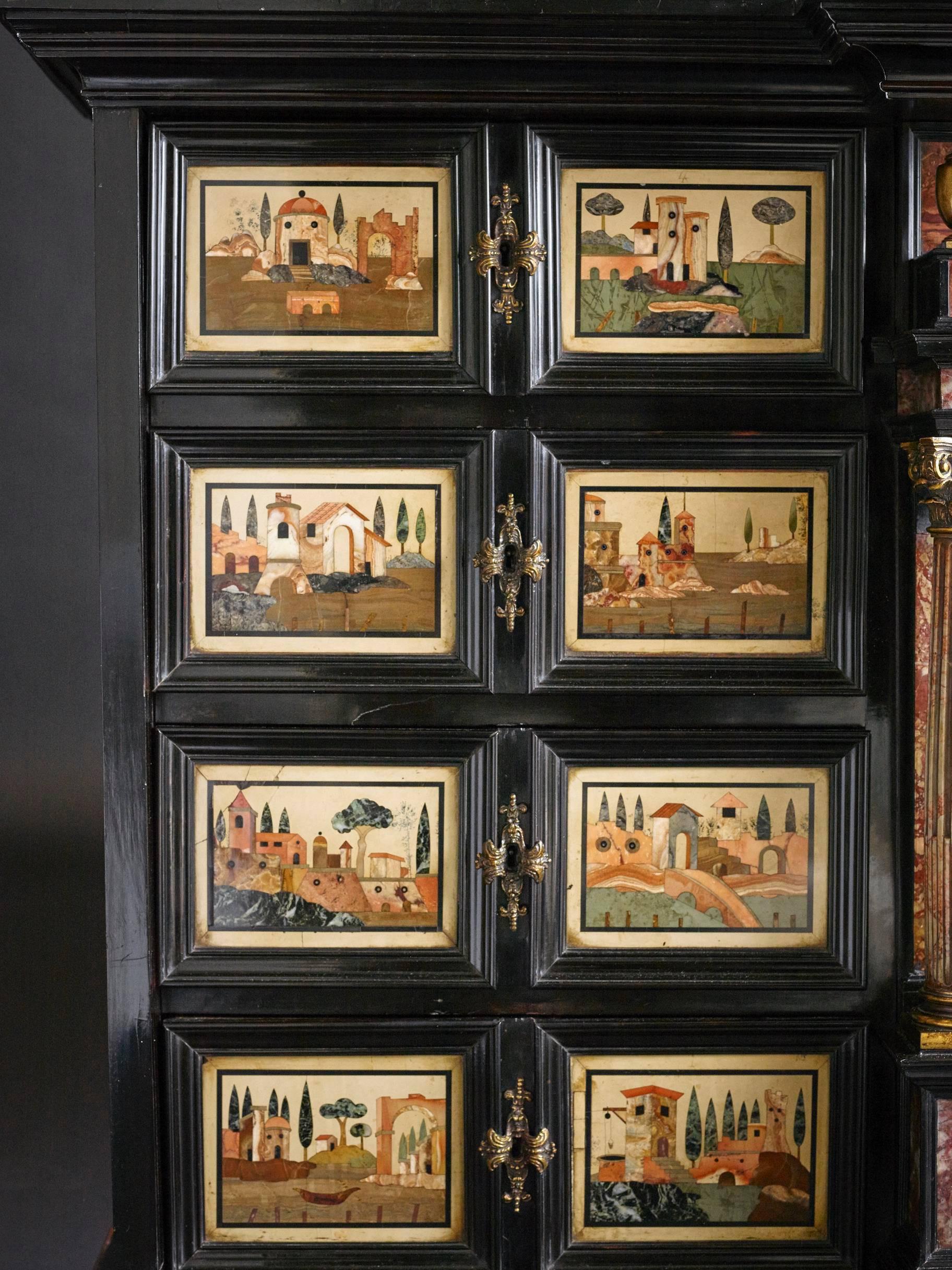 Italian Rare and Important 17th Century Ebony and Pietra Dura Inlaid Cabinet, Florence For Sale