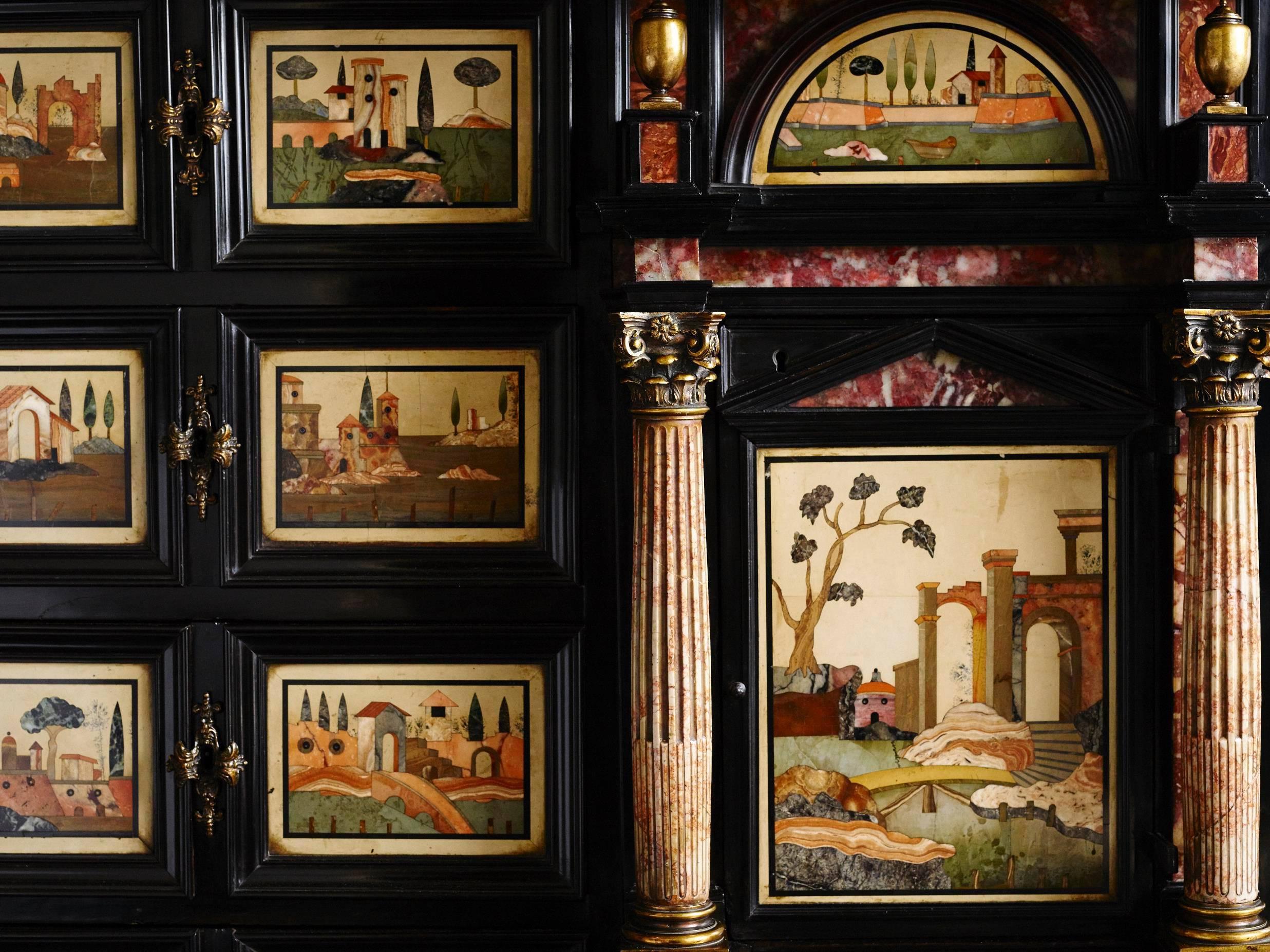 Inlay Rare and Important 17th Century Ebony and Pietra Dura Inlaid Cabinet, Florence For Sale