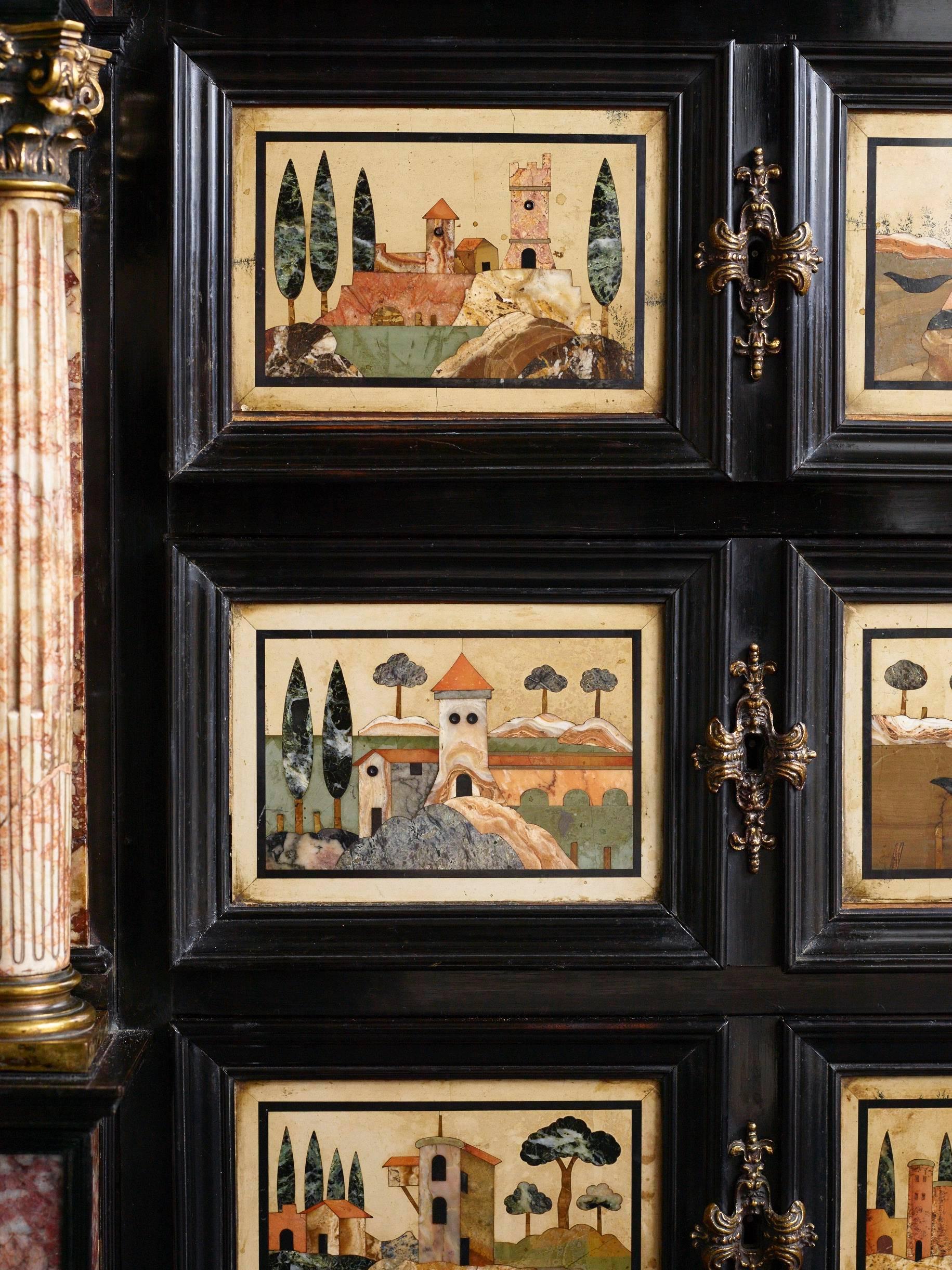 Marble Rare and Important 17th Century Ebony and Pietra Dura Inlaid Cabinet, Florence For Sale