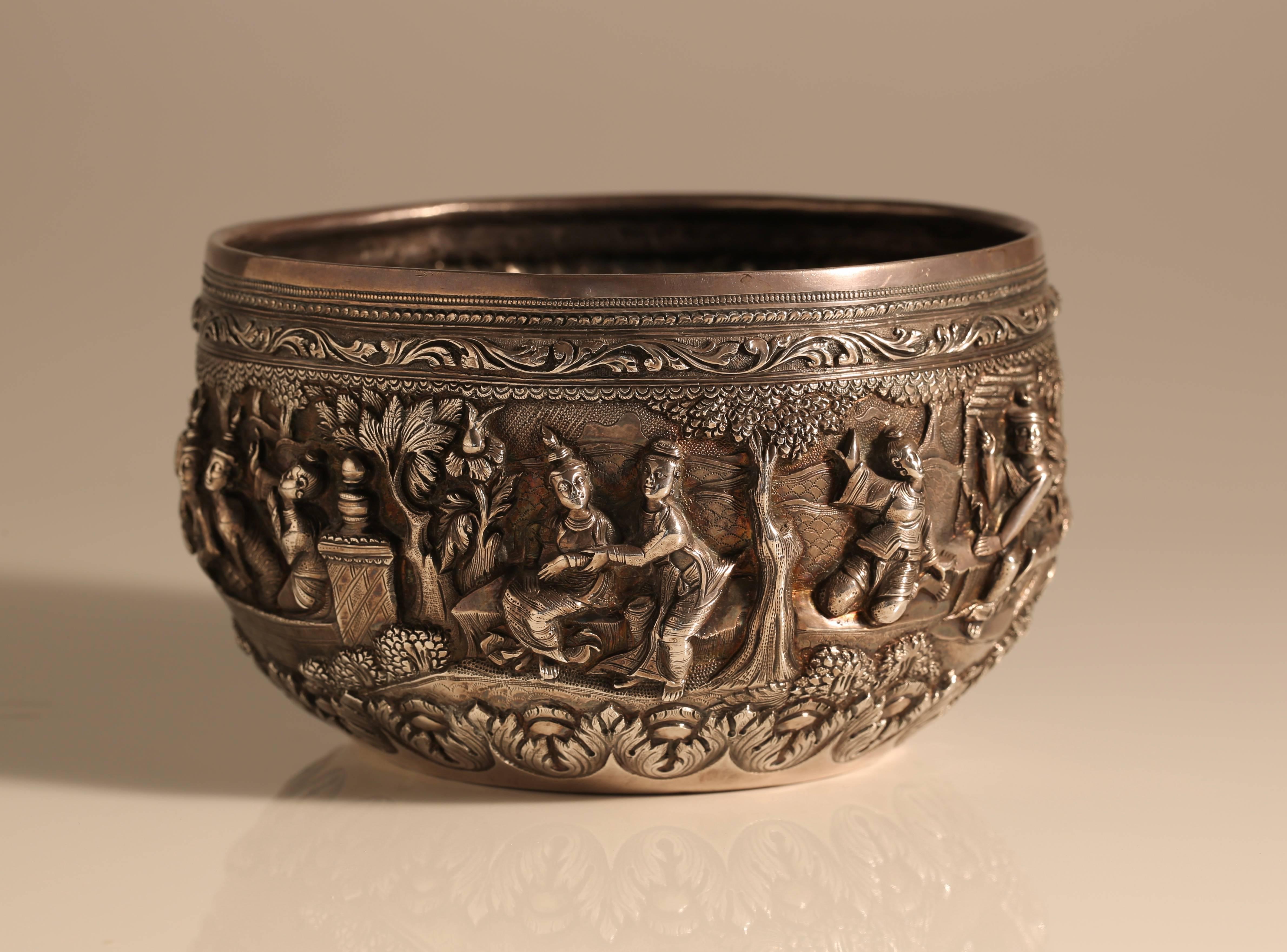 Burmese silver bowl.

A very good quality late 19th or early 20th century Burmese silver bowl decorated with repouse and engraved decoration, circa 1900
Measures:
13.5 cm diameter

8 cm high.