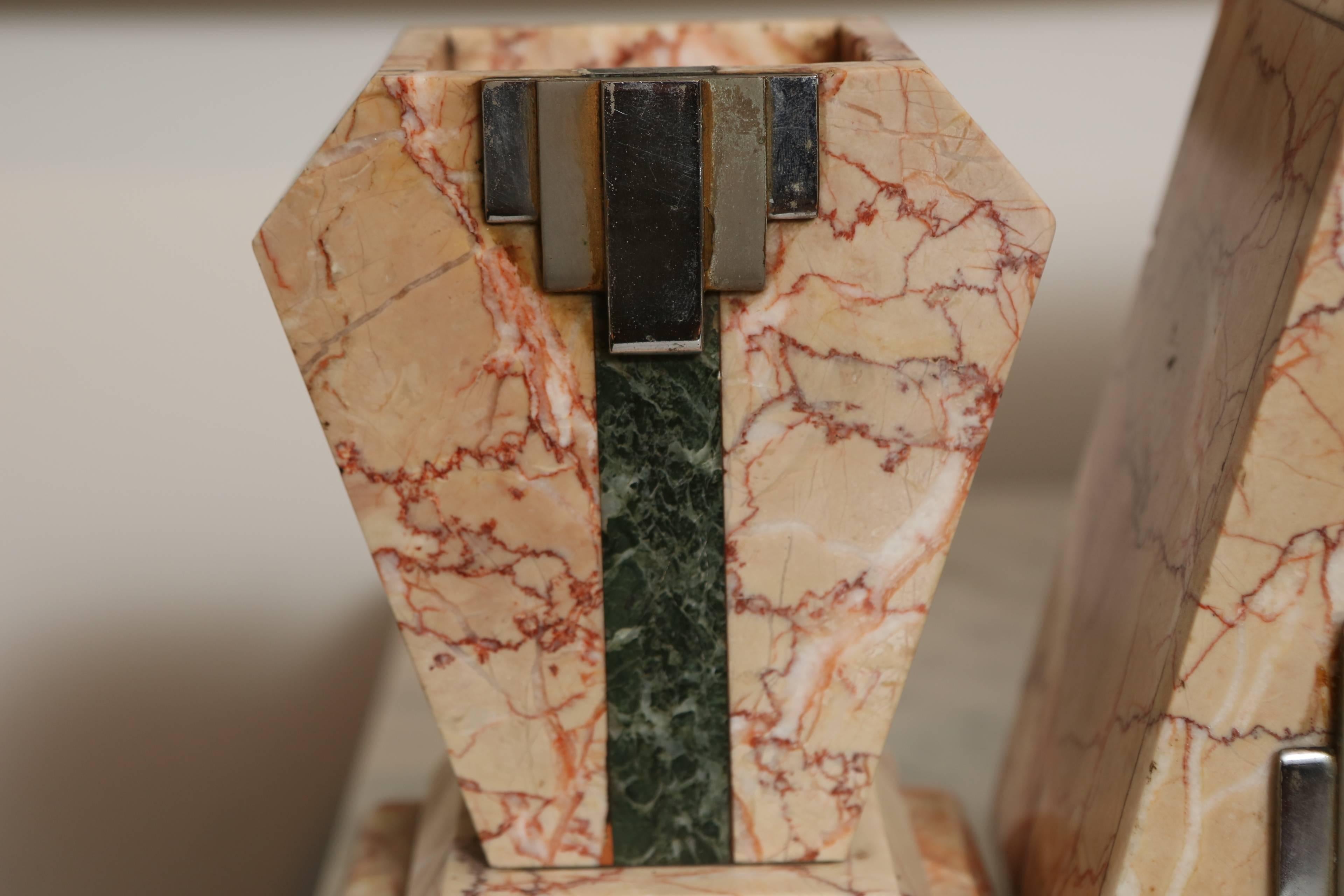 Rose and green marble mantel clock and pair of bookends from Paris, circa 1920.