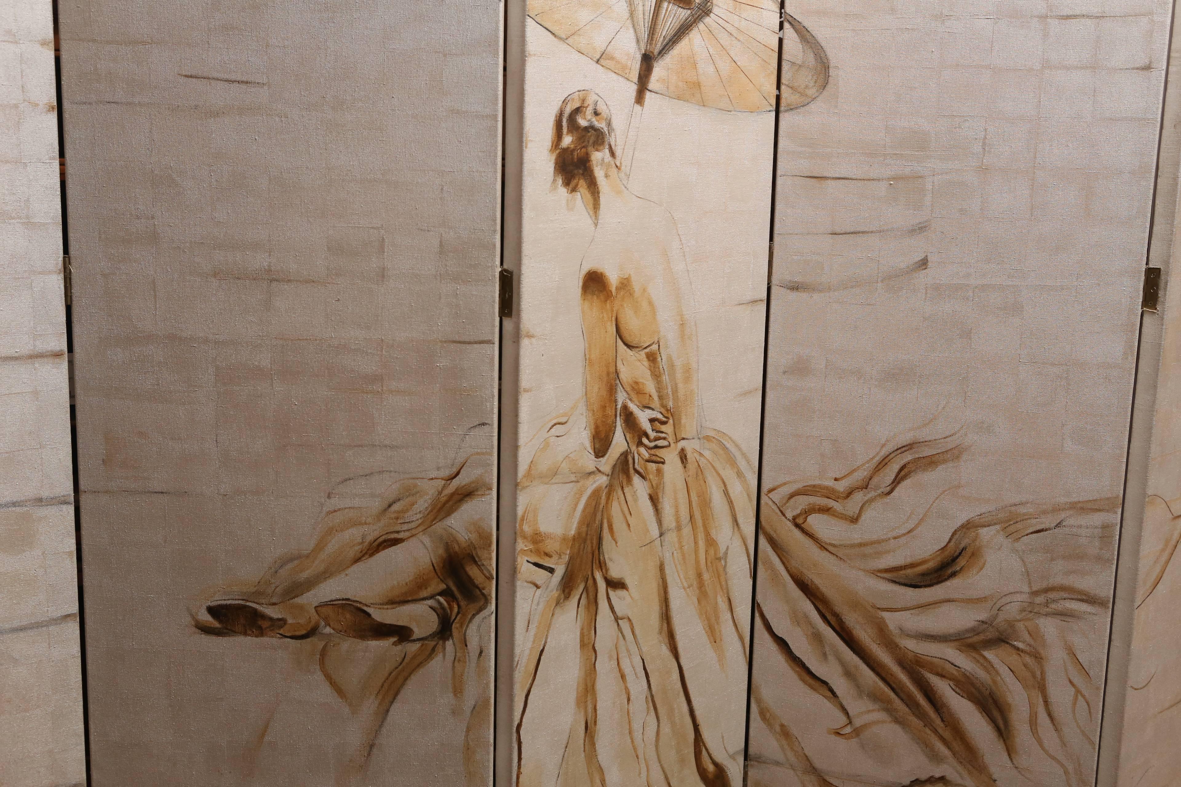 French Folding Painted Screen of a Woman attributed to Jacques Grange