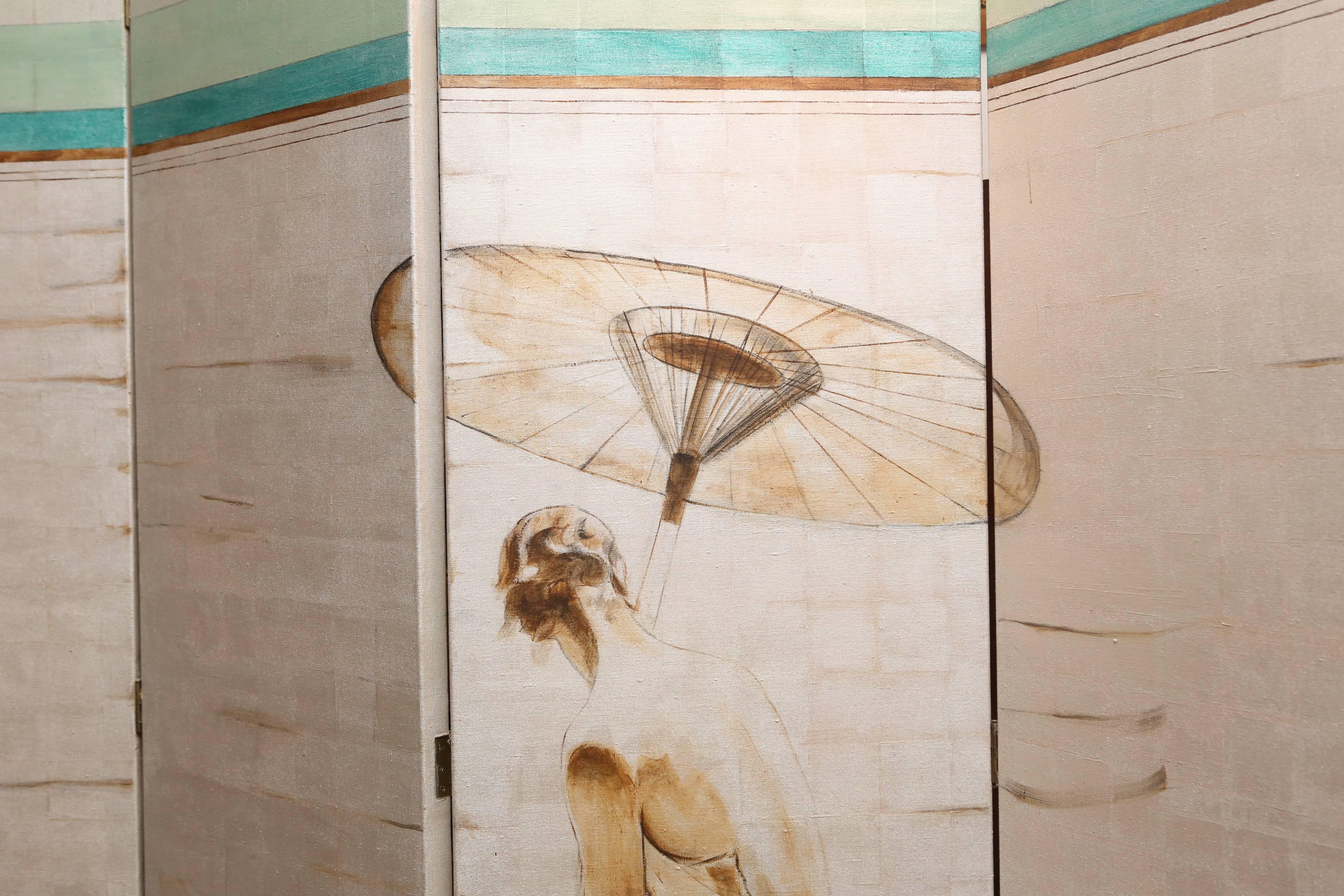 Folding Painted Screen of a Woman attributed to Jacques Grange In Good Condition In Bridgehampton, NY