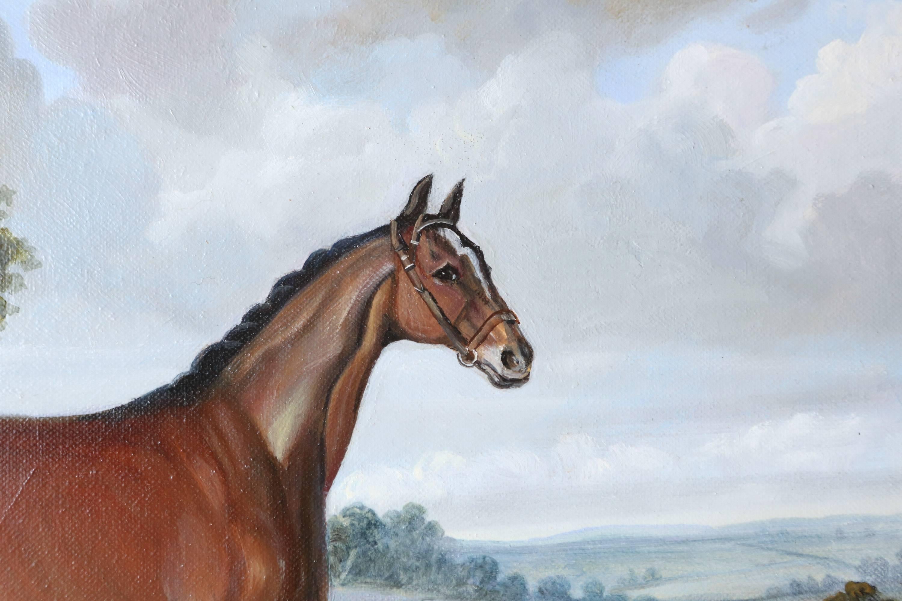 A lovely oil painting of a brown horse in the countryside by English painter André de Moller.

In a gold-painted frame, circa 2010.