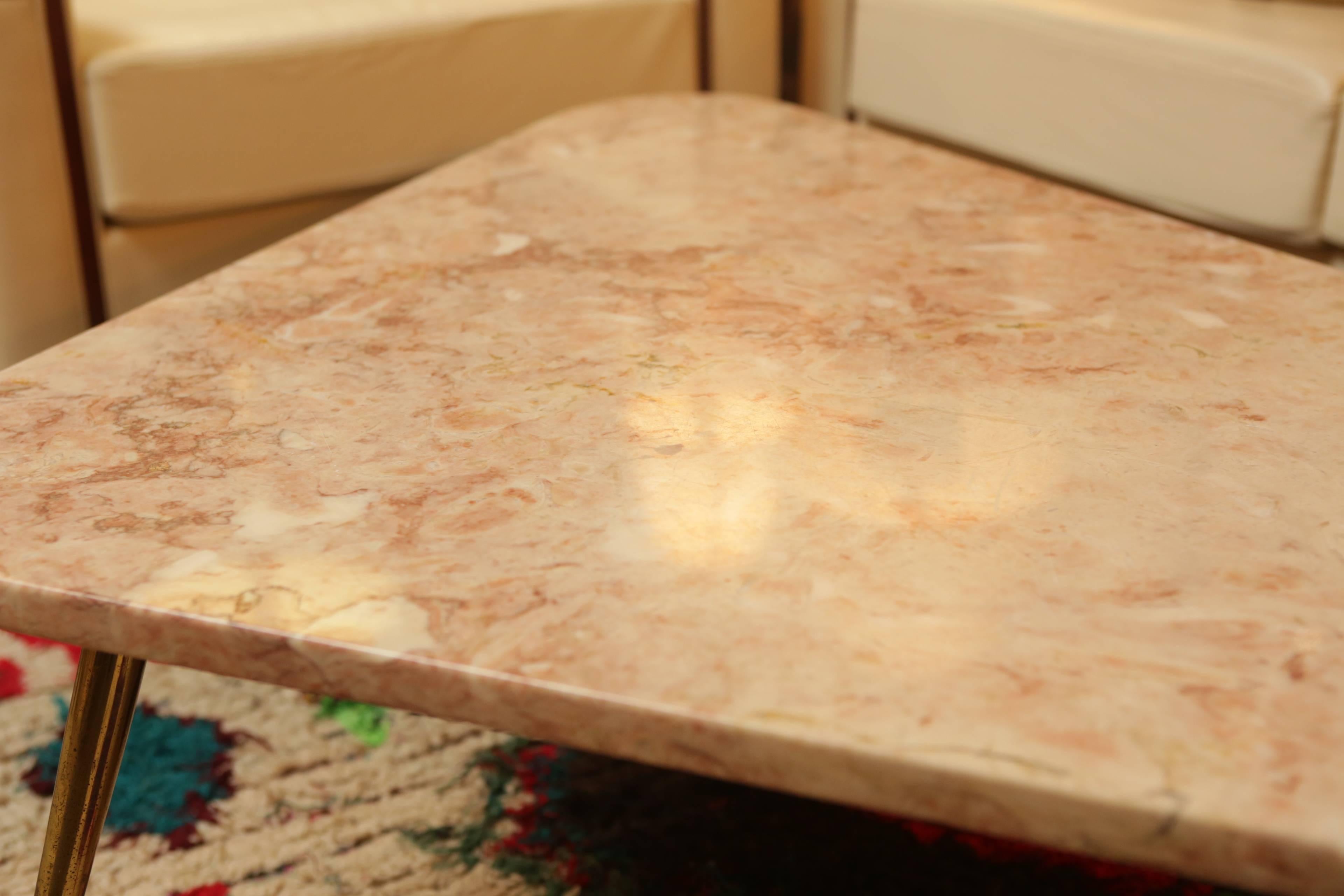 American Mid-Century Rose Marble Triangular Coffee Table with Brass Legs