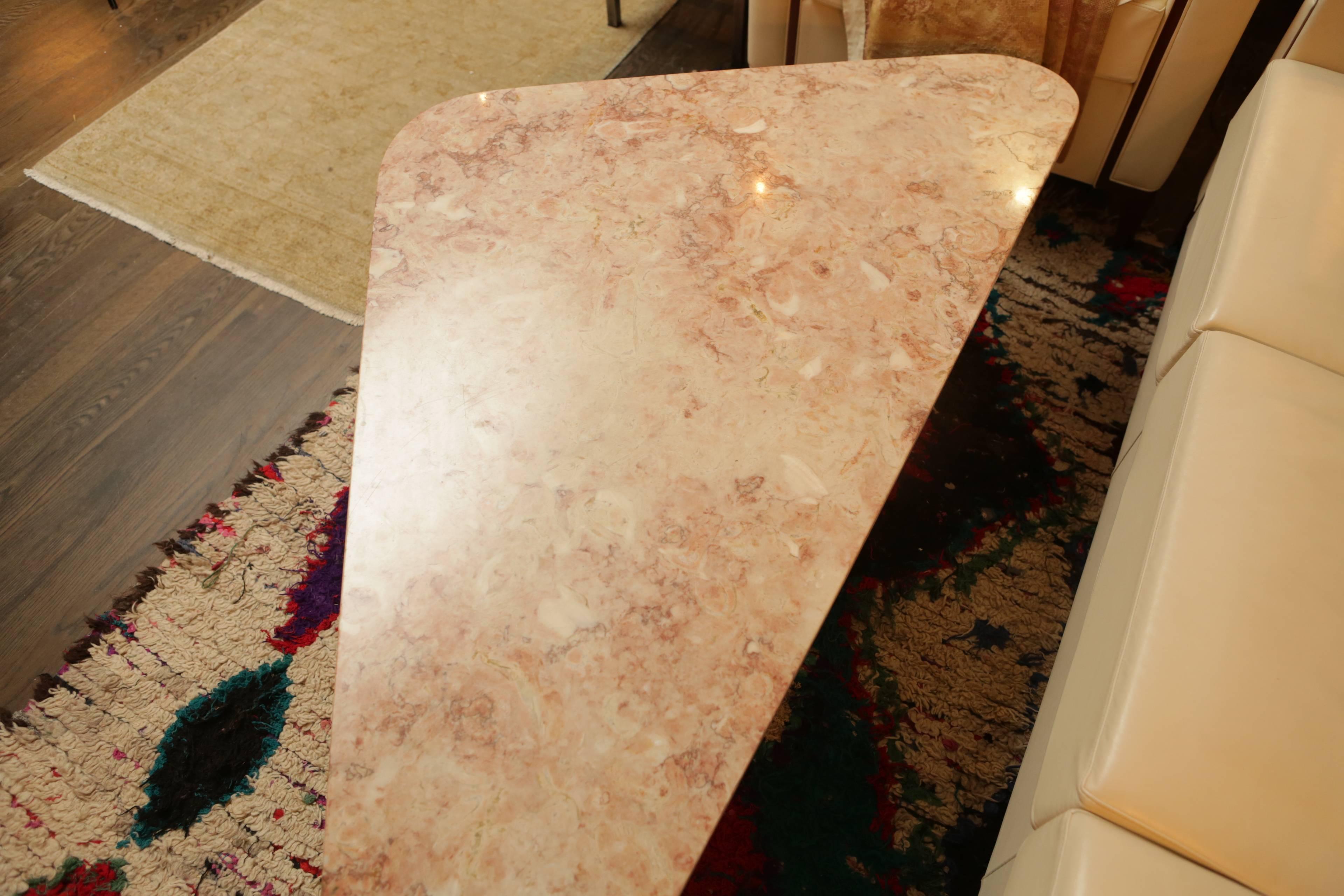 Mid-20th Century Mid-Century Rose Marble Triangular Coffee Table with Brass Legs