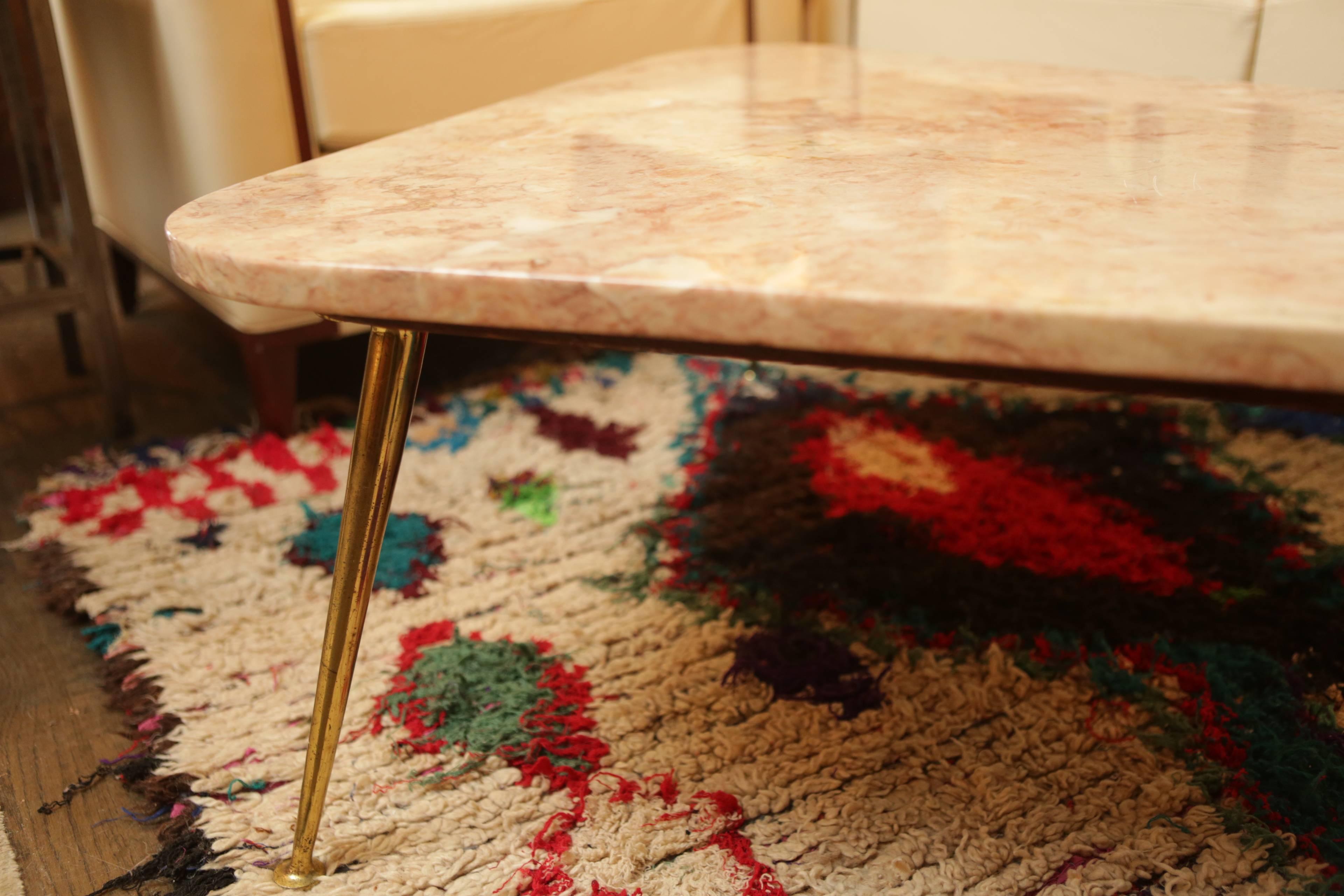 Mid-Century Rose Marble Triangular Coffee Table with Brass Legs 2