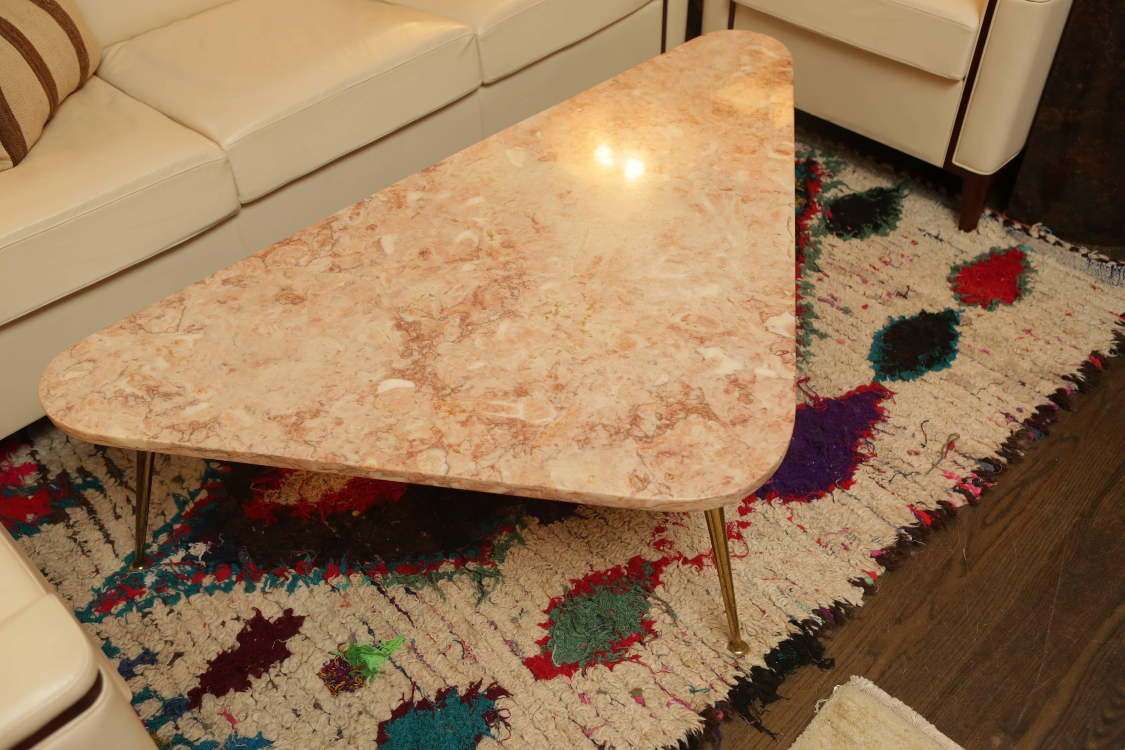 Mid-Century Rose Marble Triangular Coffee Table with Brass Legs 3