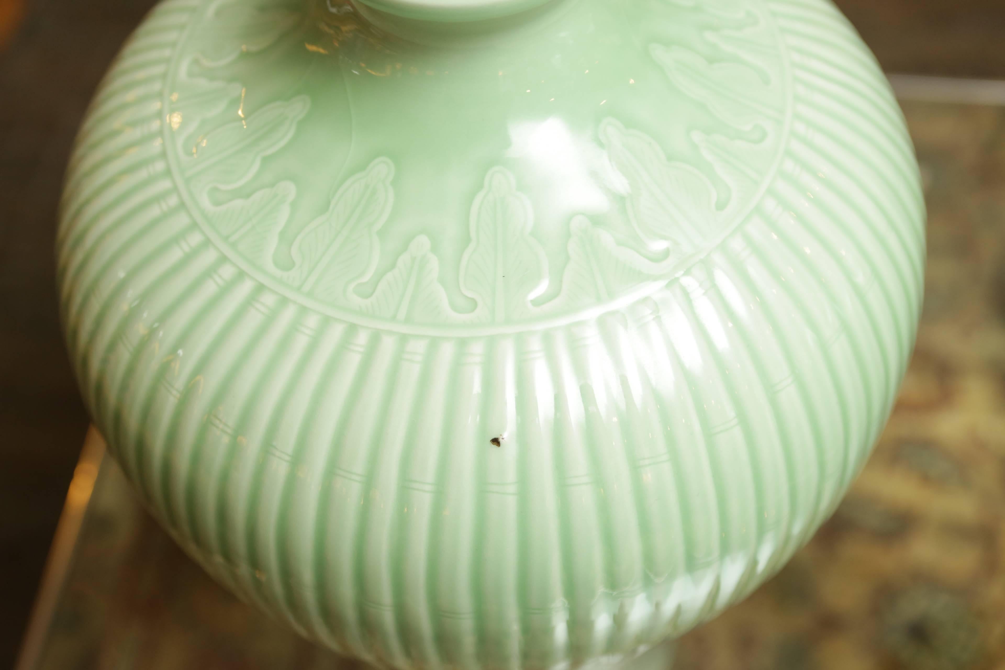 American Large Ribbed Celadon Glazed Vases