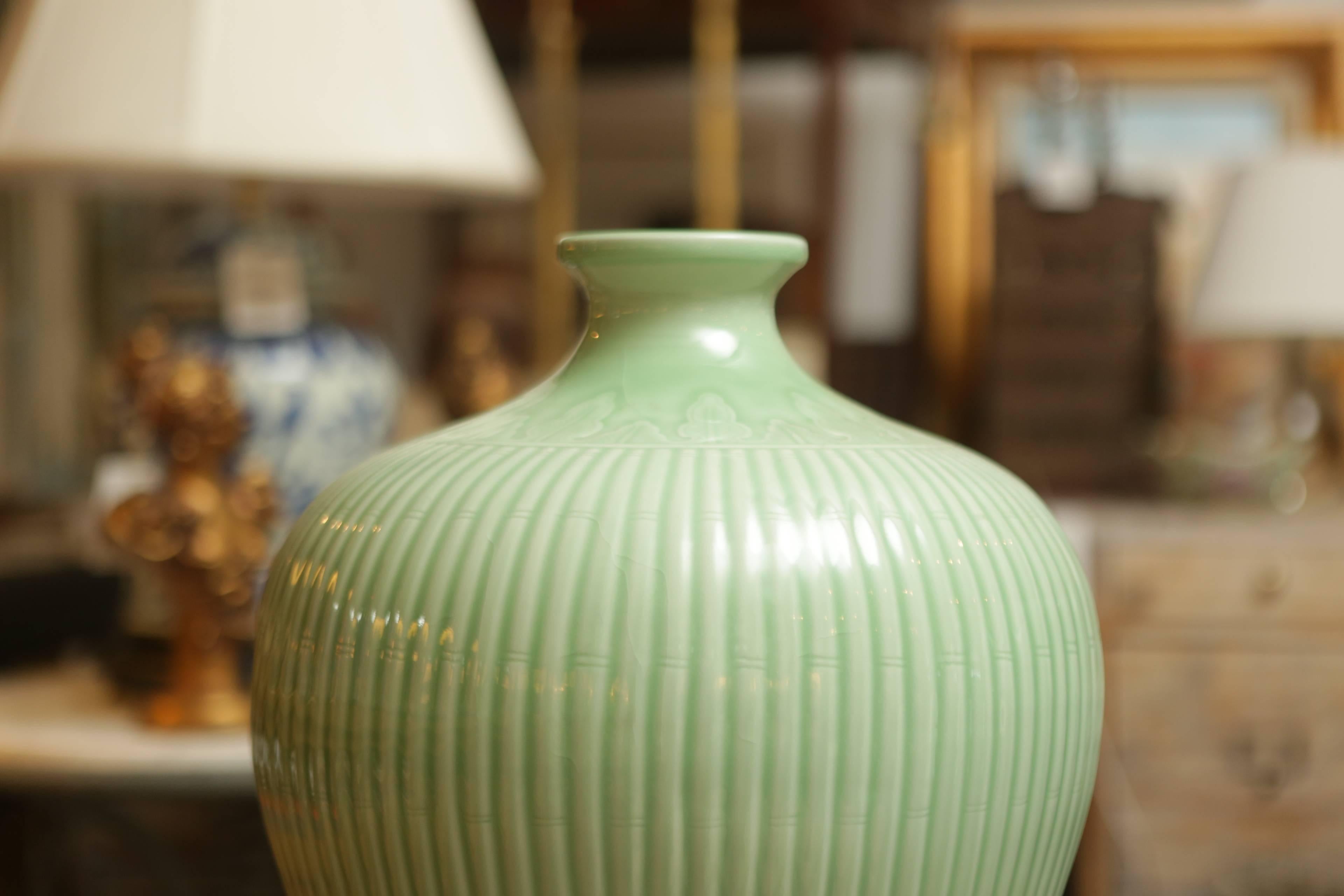 Large Ribbed Celadon Glazed Vases In Good Condition In Bridgehampton, NY