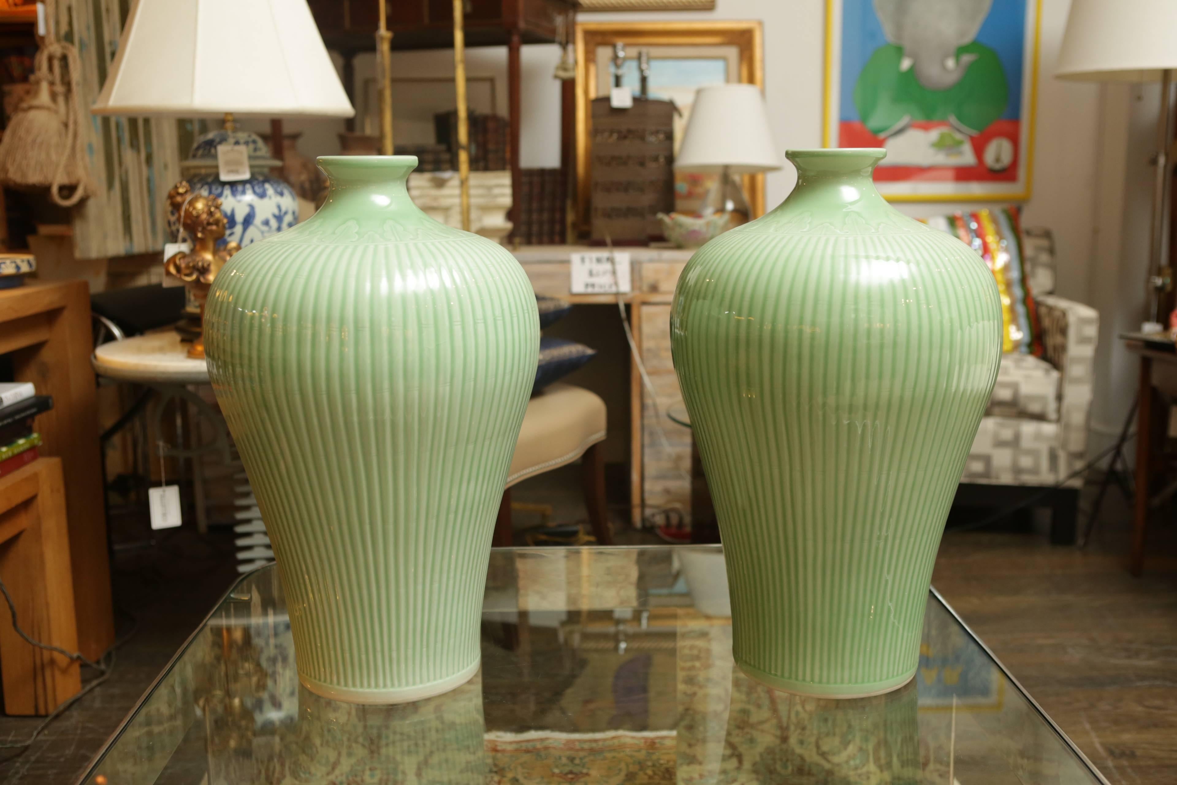 20th Century Large Ribbed Celadon Glazed Vases