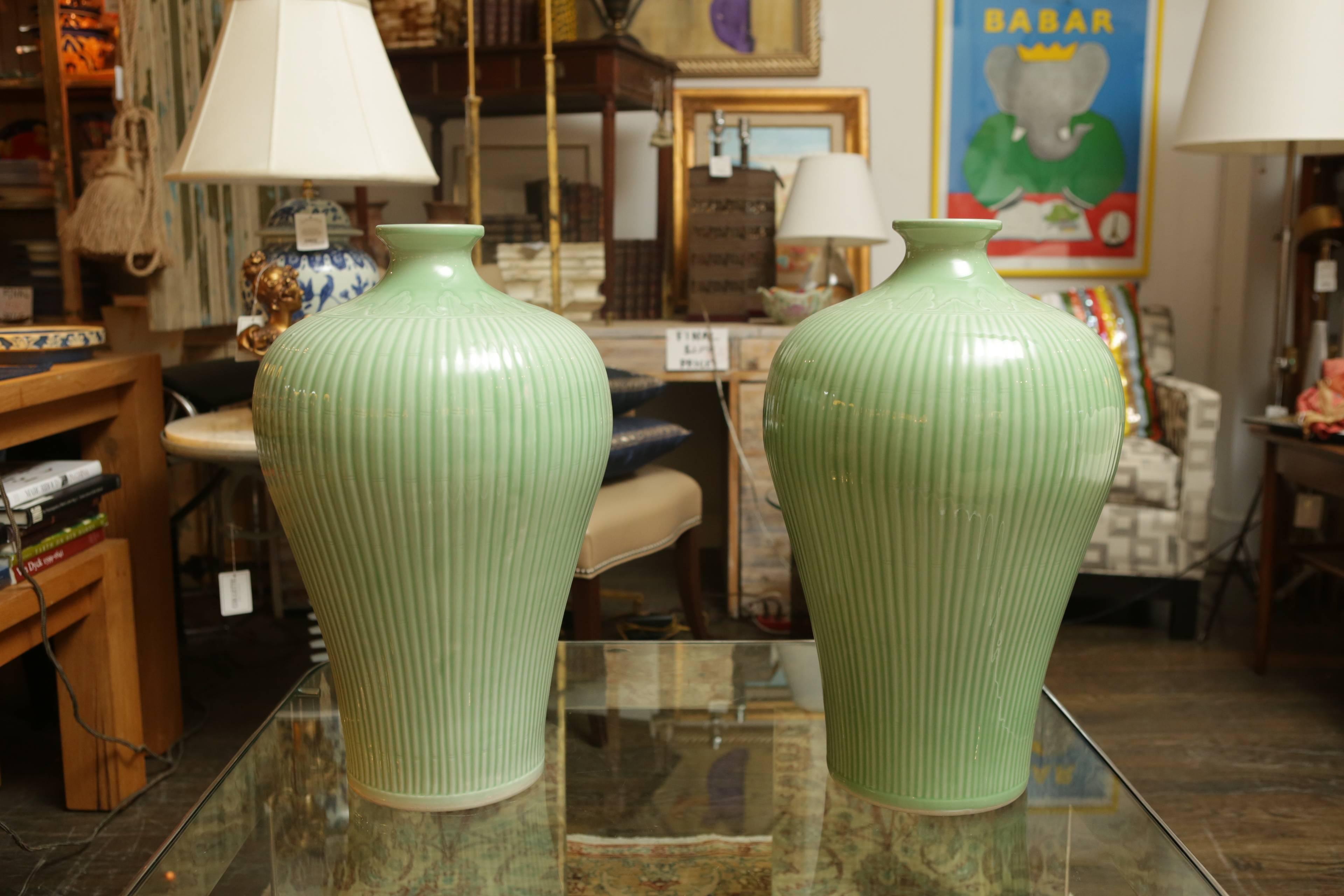 Large Ribbed Celadon Glazed Vases 1