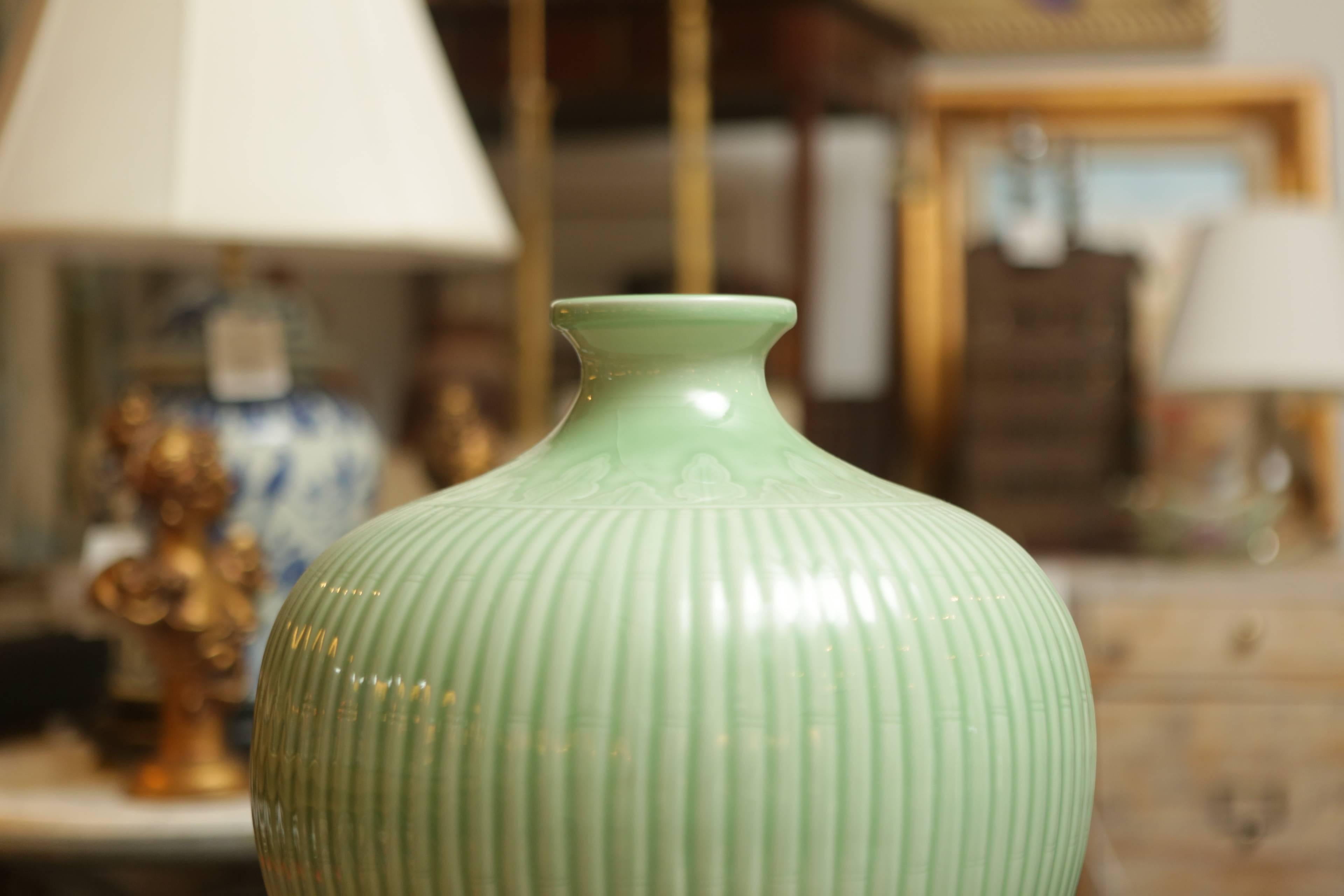 Ceramic Large Ribbed Celadon Glazed Vases