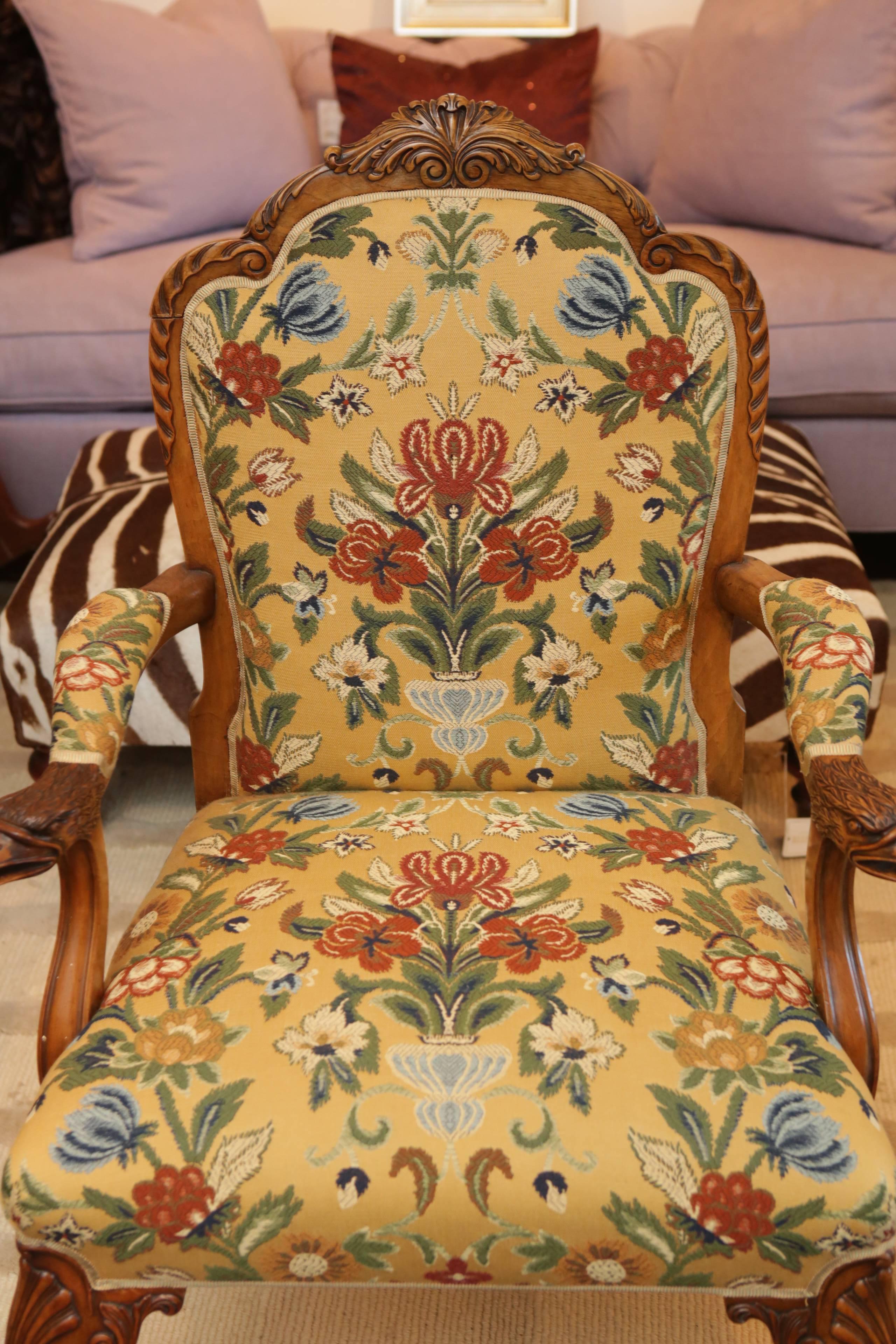 Carved Eagle Armchair with Floral Upholstery 1