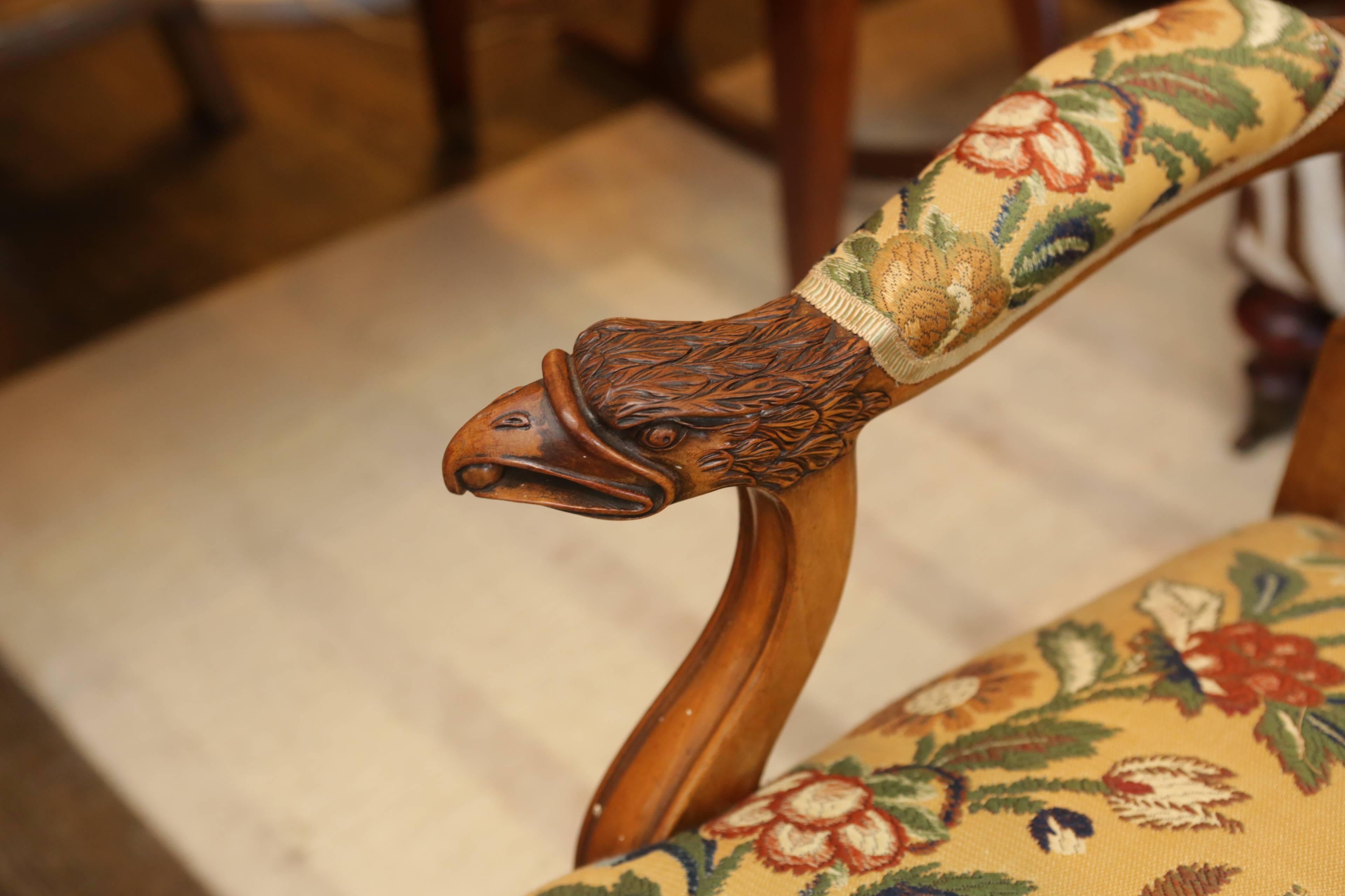 British Carved Eagle Armchair with Floral Upholstery