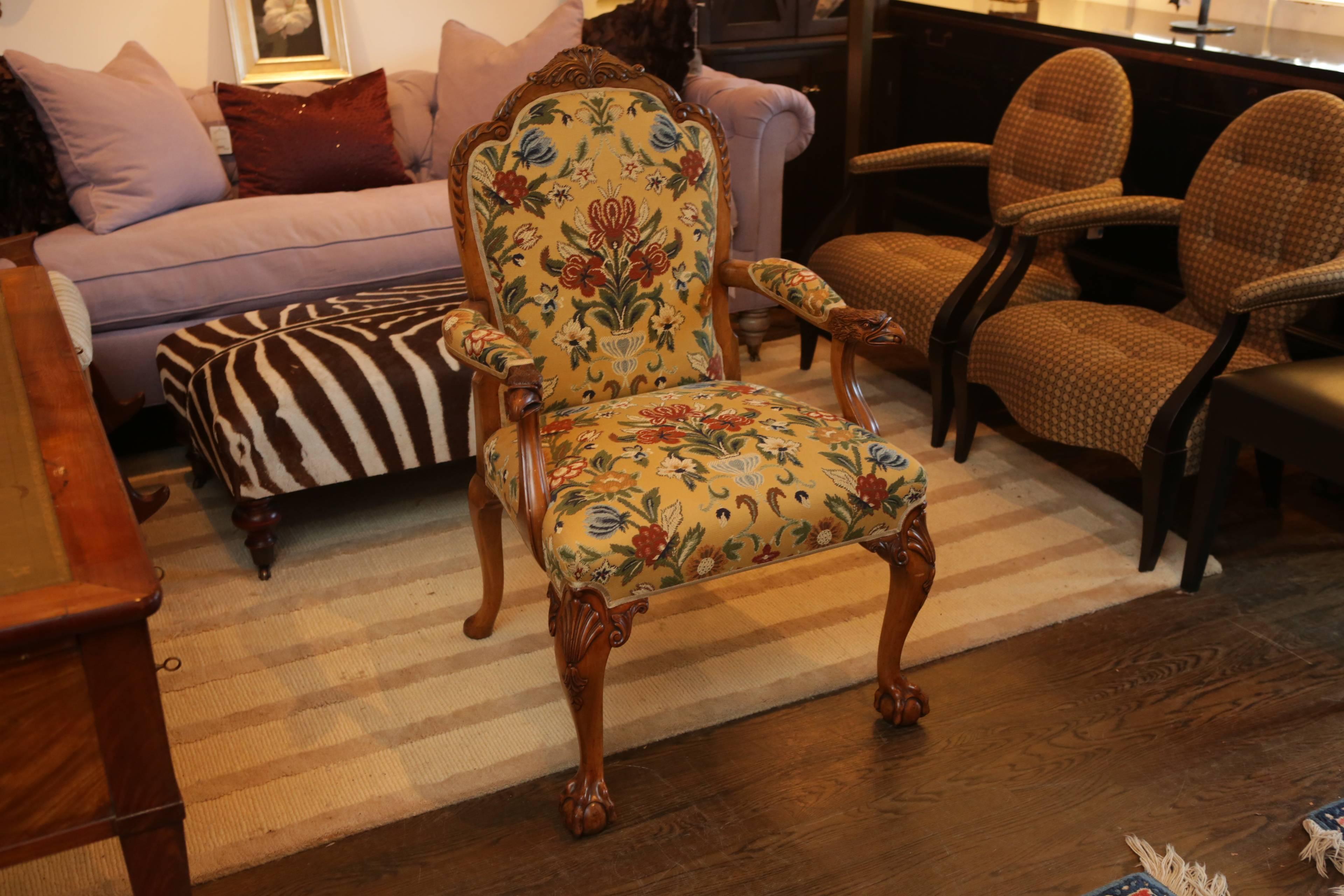 20th Century Carved Eagle Armchair with Floral Upholstery