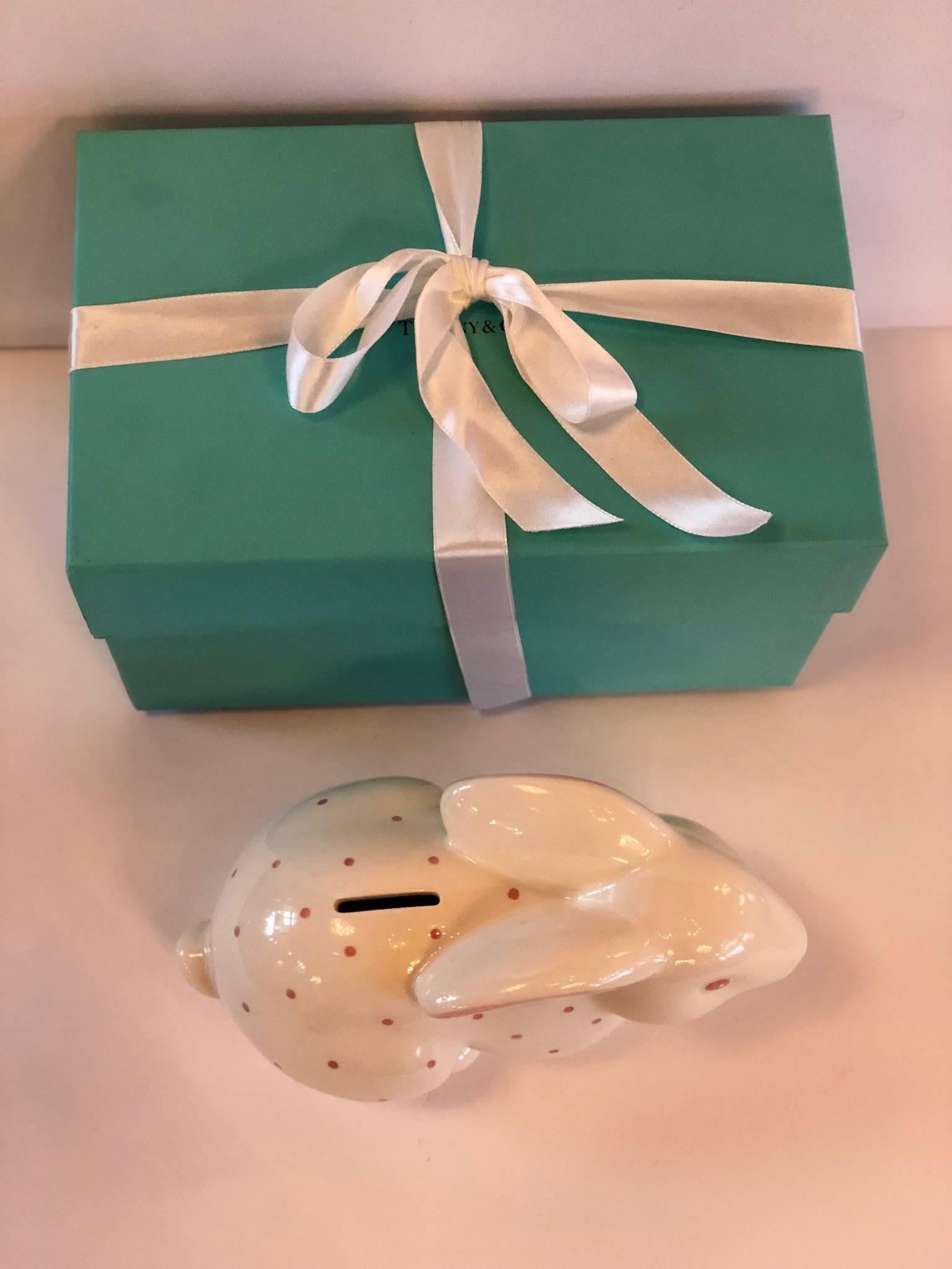 Tiffany & Co. Rabbit Bank. Hand-painted white with pink polka dots. Comes with signature Tiffany & Co. Box measuring 10