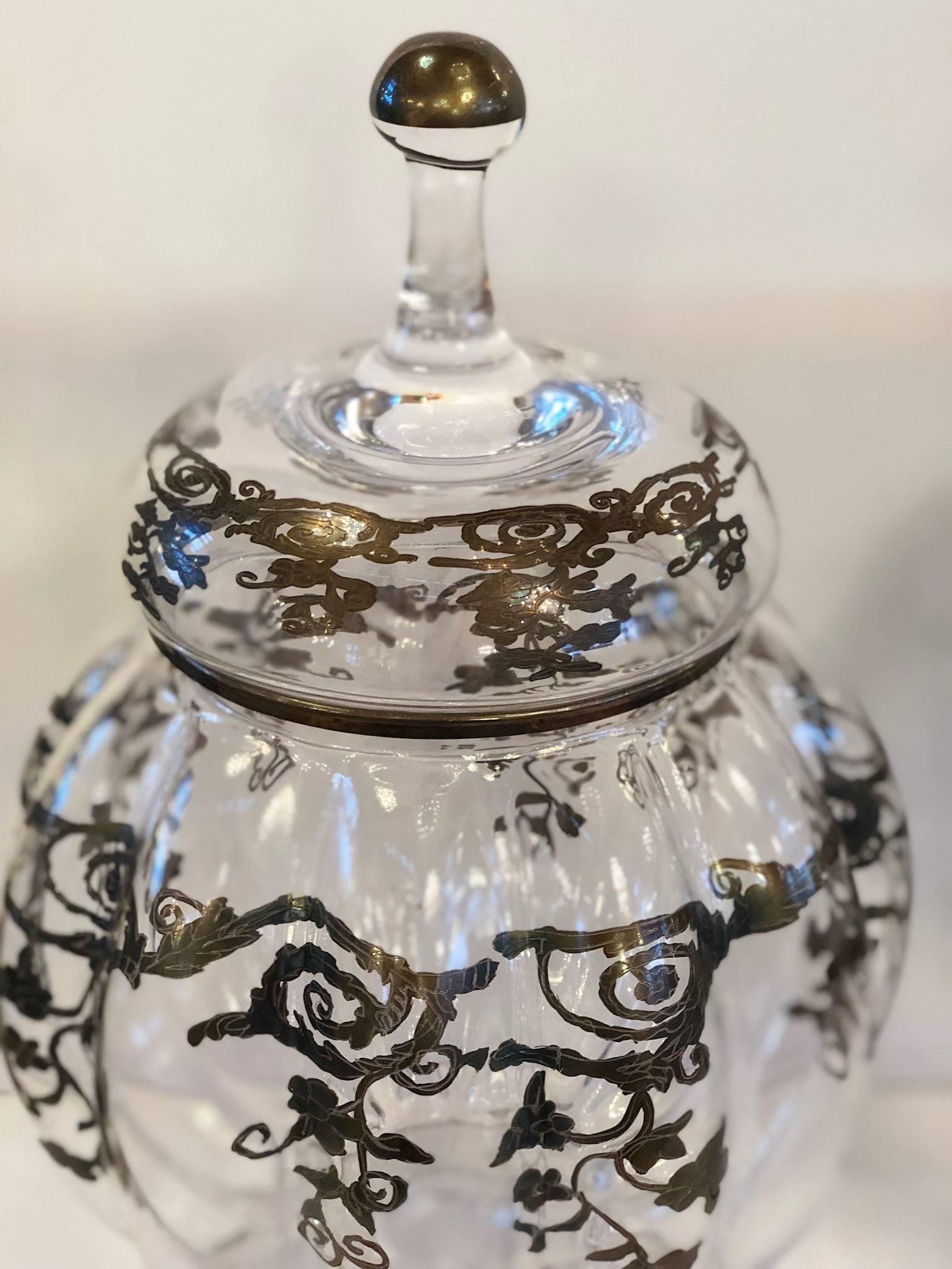 Pair of Antique Glass Jars with Silver Etching In Excellent Condition In Bridgehampton, NY