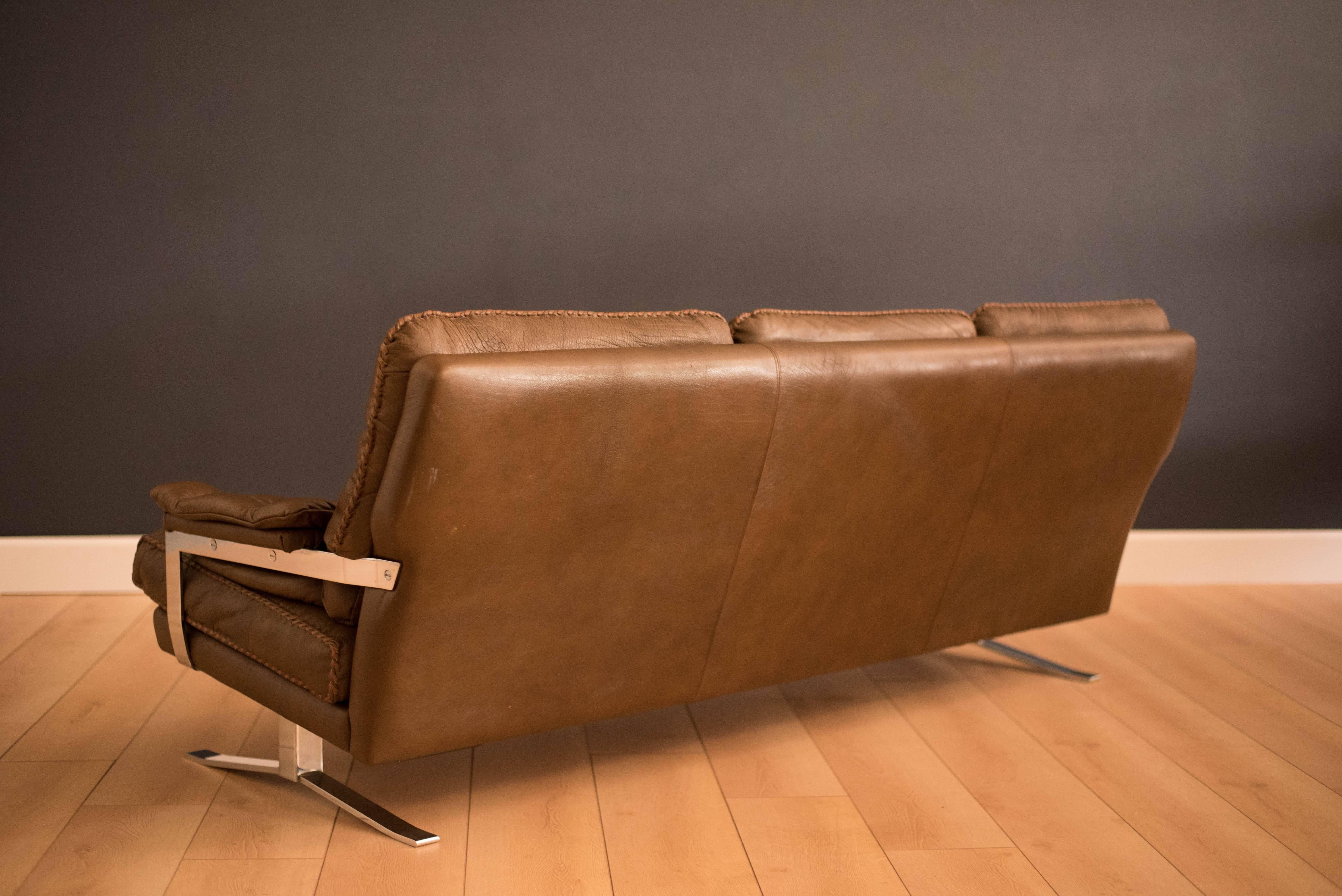Vintage Hand-Stitched Leather and Chrome Sofa 3