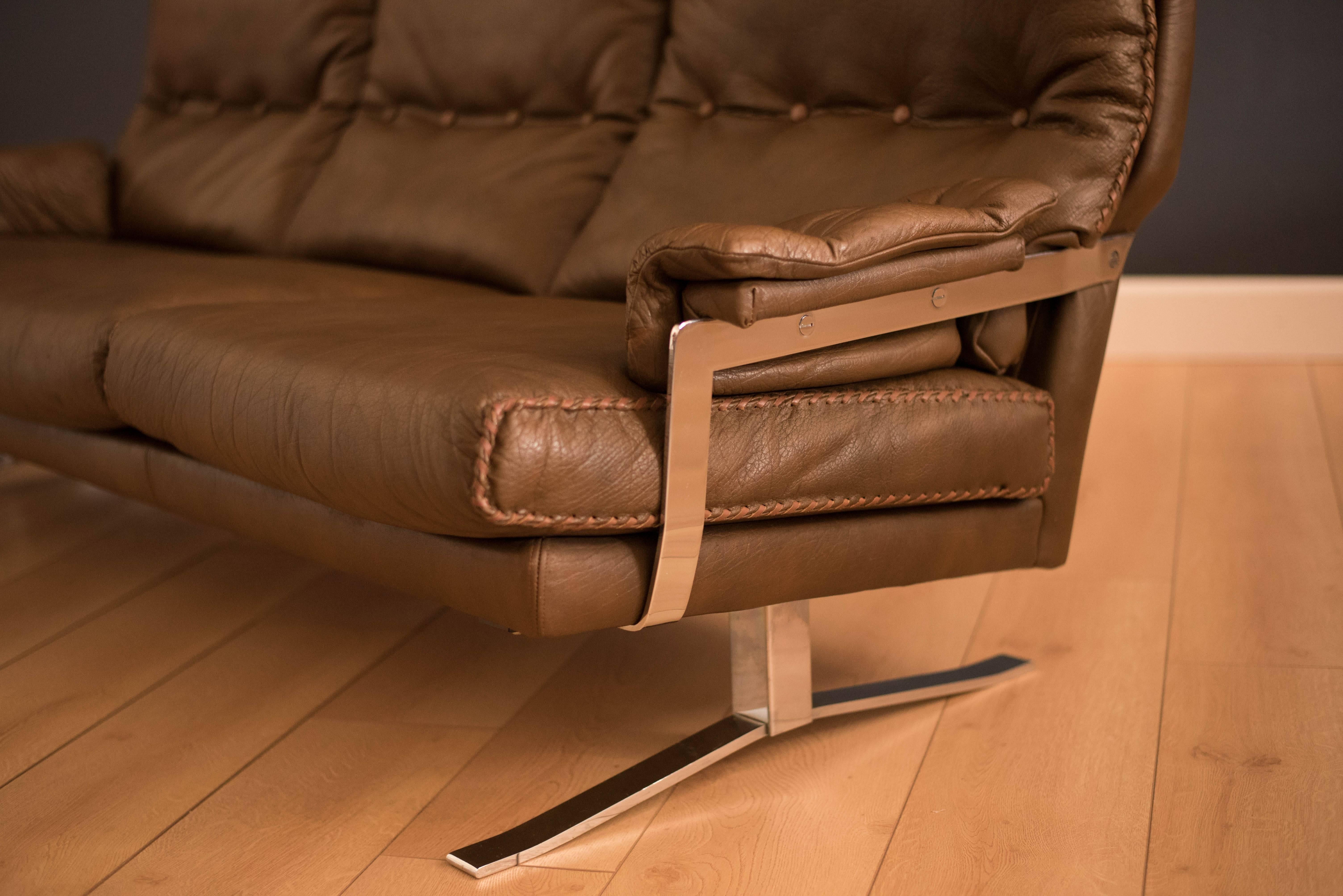 Vintage Hand-Stitched Leather and Chrome Sofa 1