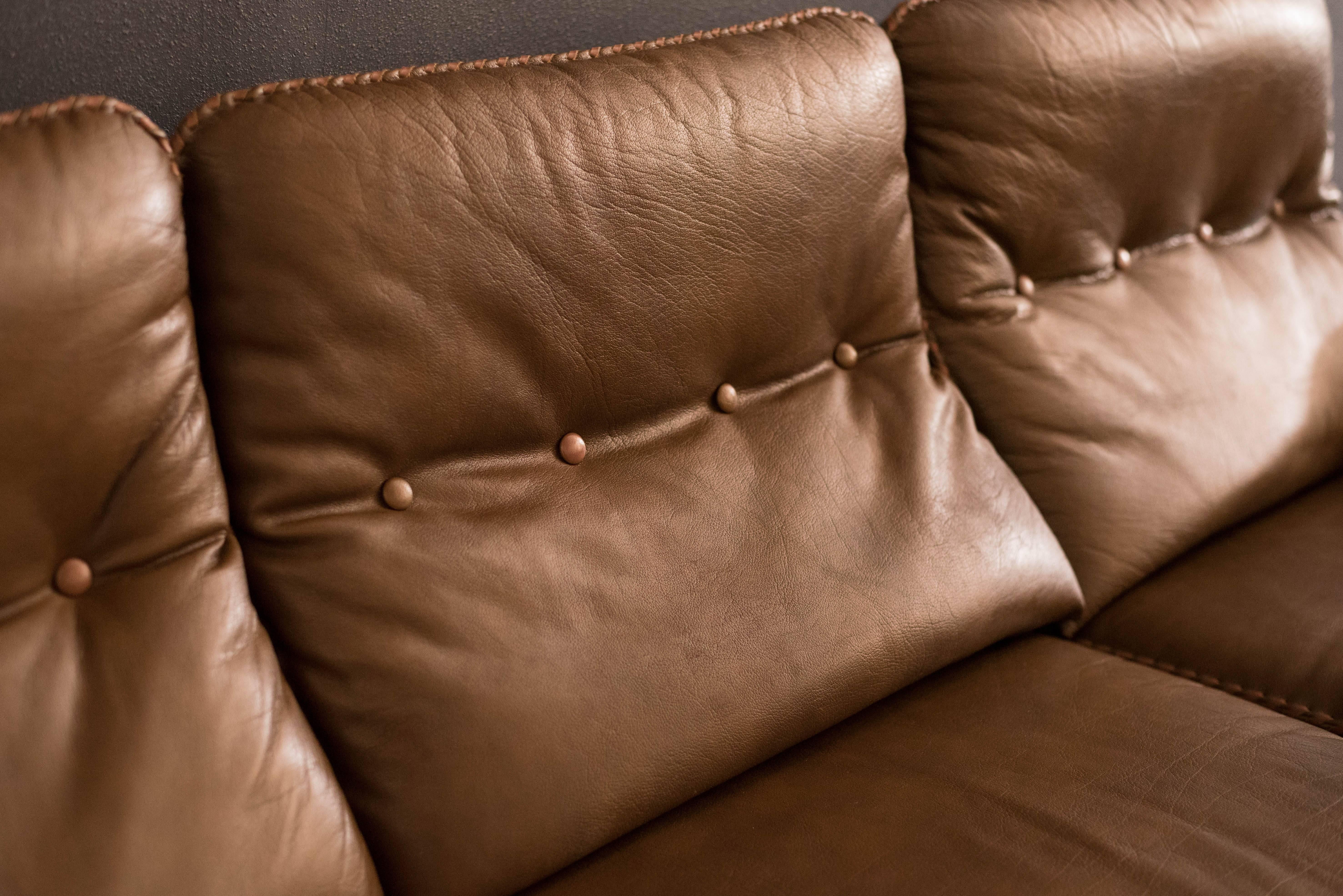 Scandinavian Modern Vintage Hand-Stitched Leather and Chrome Sofa