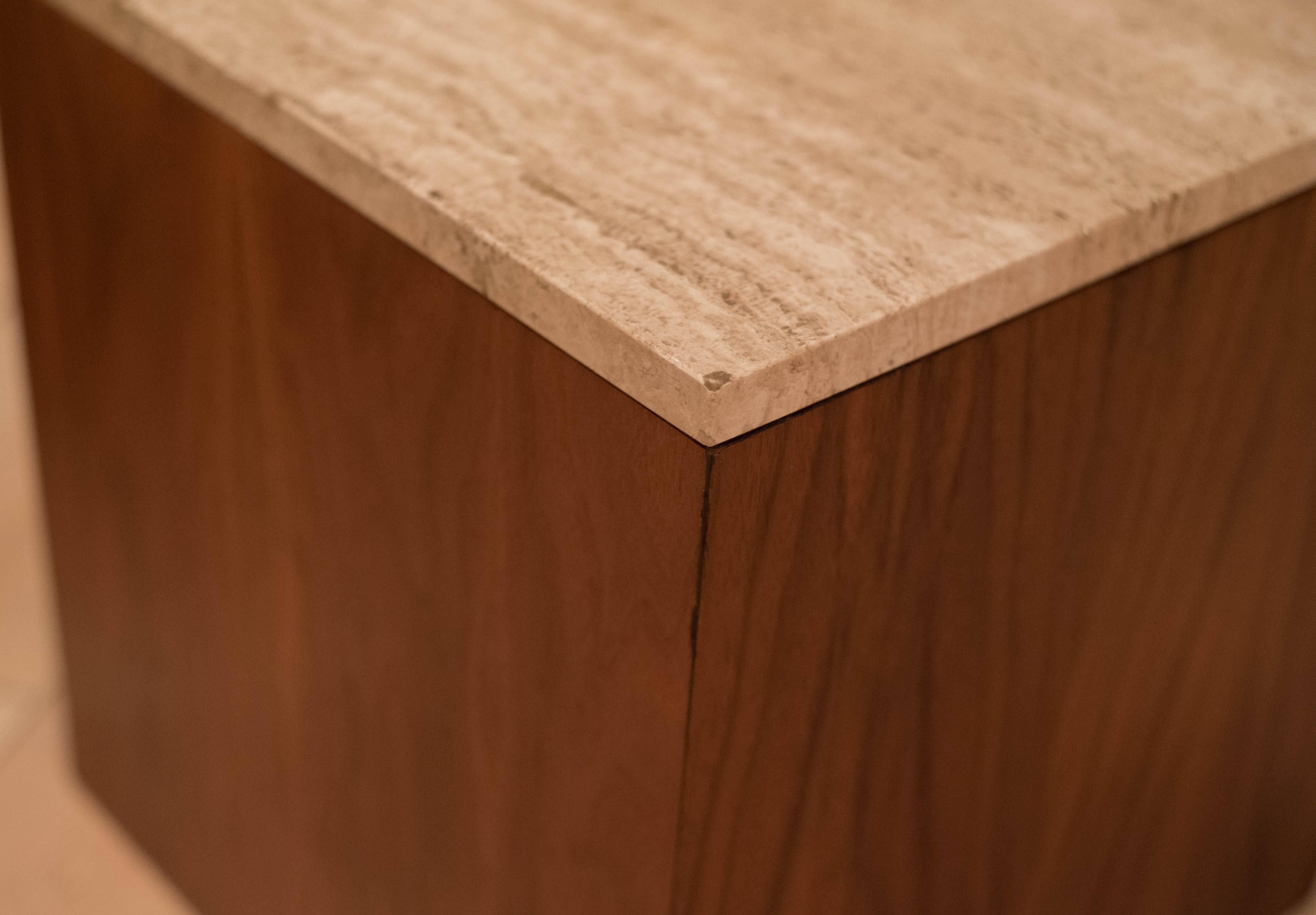 Mid-Century Modern Mid-Century Travertine and Walnut Cube End Tables