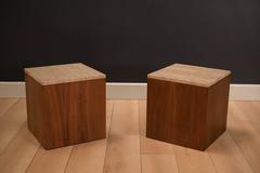Mid-Century Travertine and Walnut Cube End Tables
