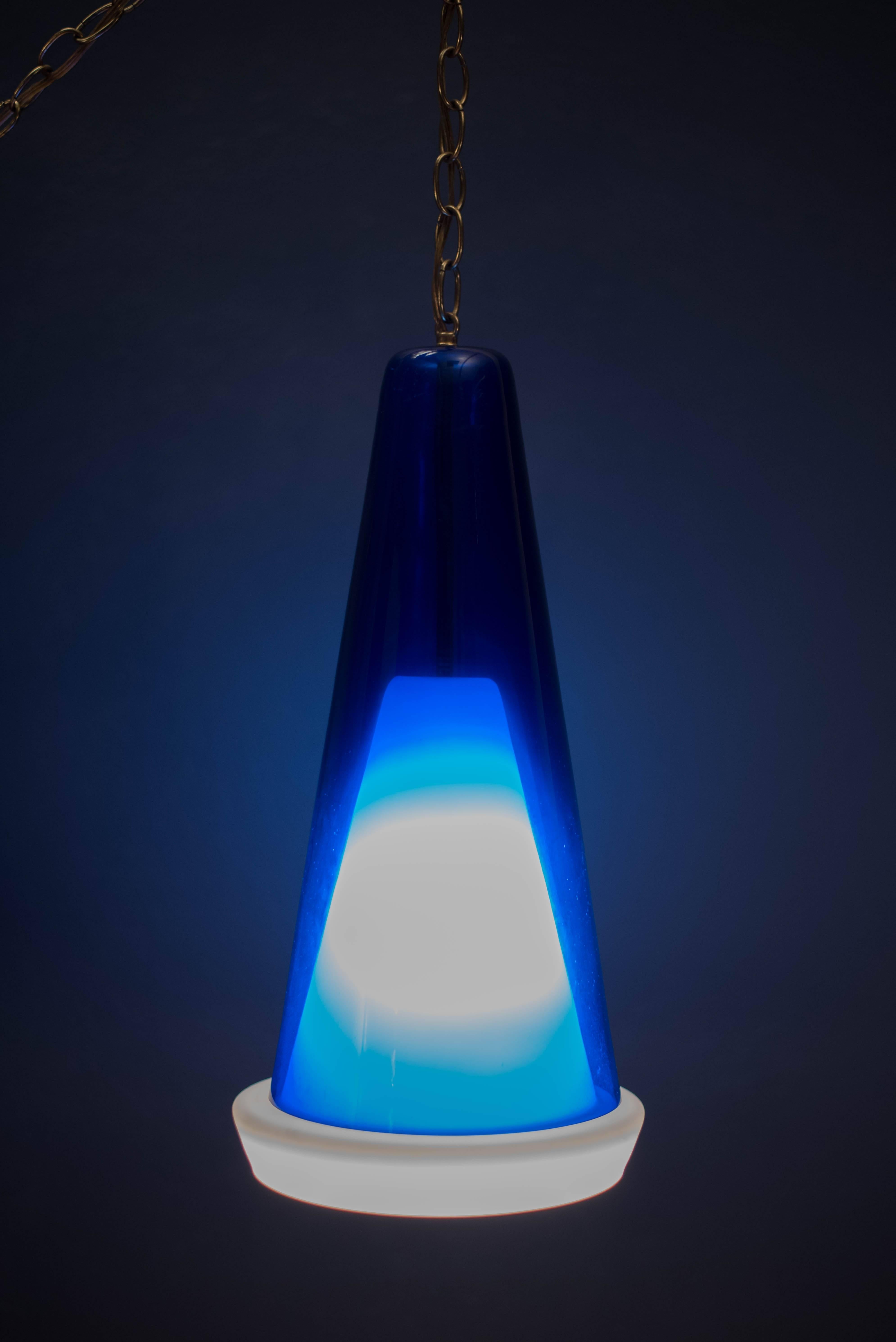 Scandinavian Modern Vintage Scandinavian Blue Glass Pendant Fixture For Sale