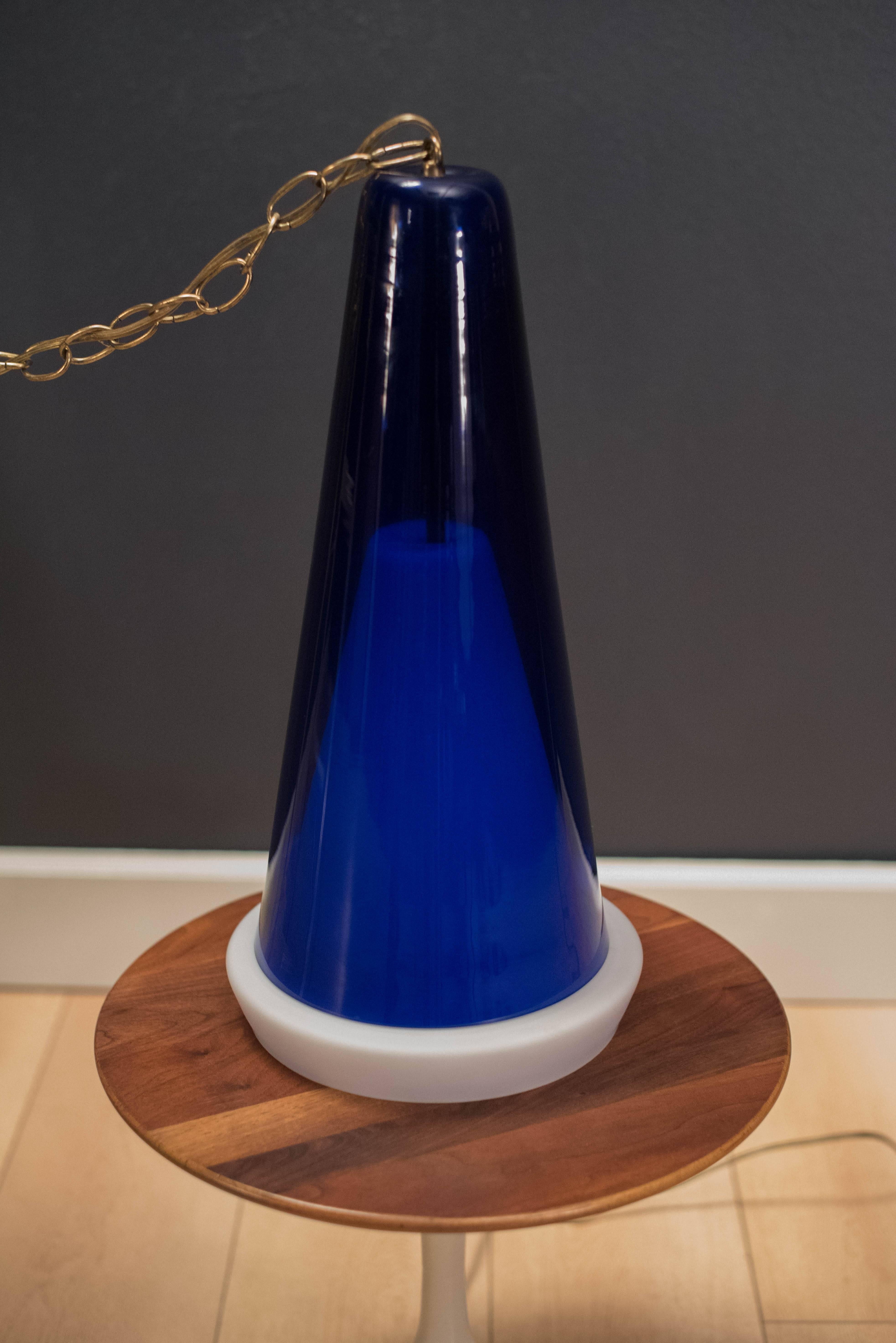 Vintage Scandinavian Blue Glass Pendant Fixture In Good Condition For Sale In San Jose, CA