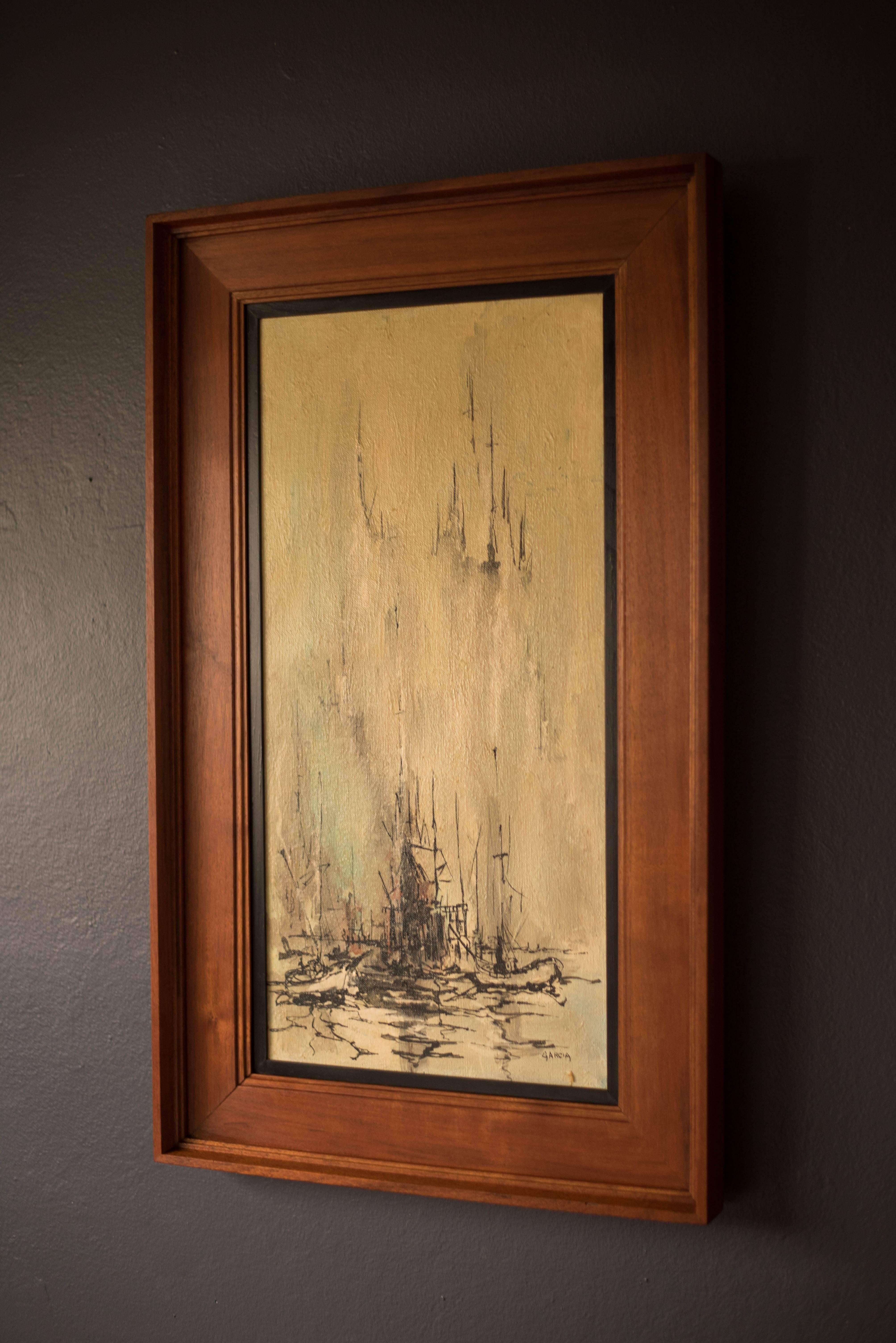 Mid-century nautical abstract painting by artist Danny Garcia, circa 1966. This is an original acrylic on canvas with walnut frame. Garcia was born and raised in Monterey, California and shows his influence of the area in many of his paintings. 



