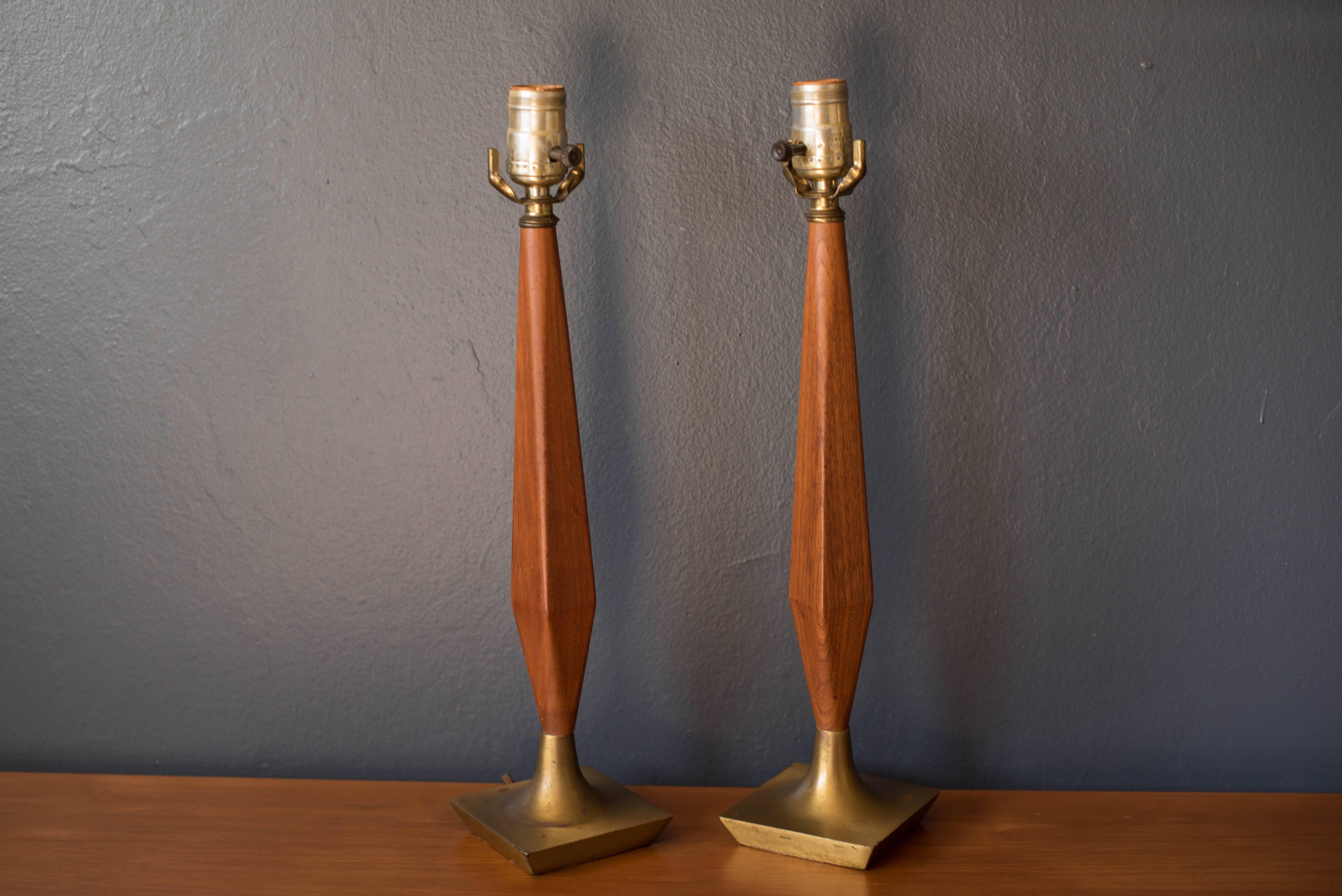Mid-Century Modern Vintage Pair of Walnut and Brass Lamps