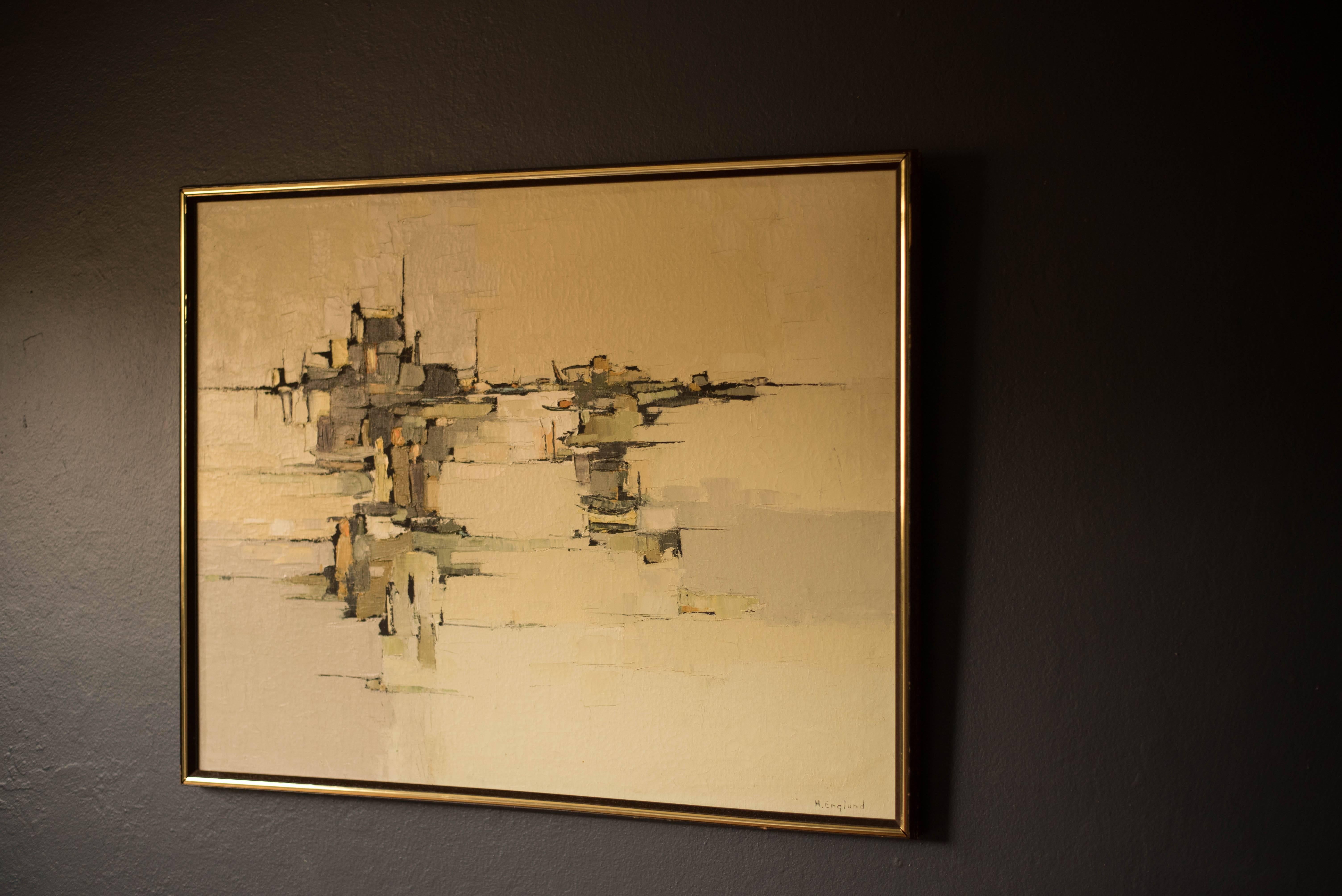 Vintage Mid-Century Modern abstract art painting by California artist Harriet Englund, 1974. Original framing in wood and brass. 

Artist: Harriet Englund 
Title: High Tide
Year: 1974
Medium: Acrylic on canvas, signed and dated.