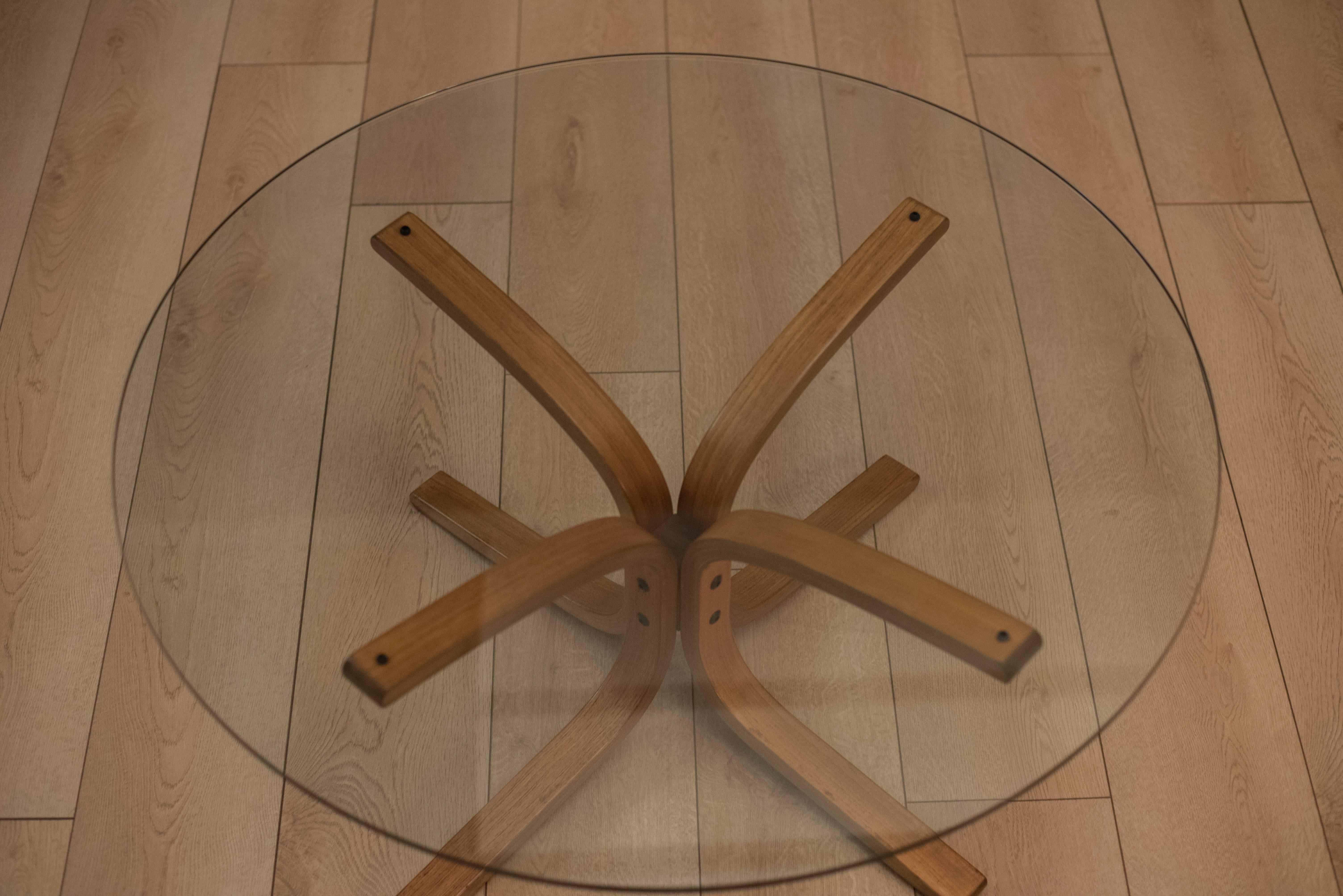 Norwegian Vintage Round Glass and Teak Coffee Table