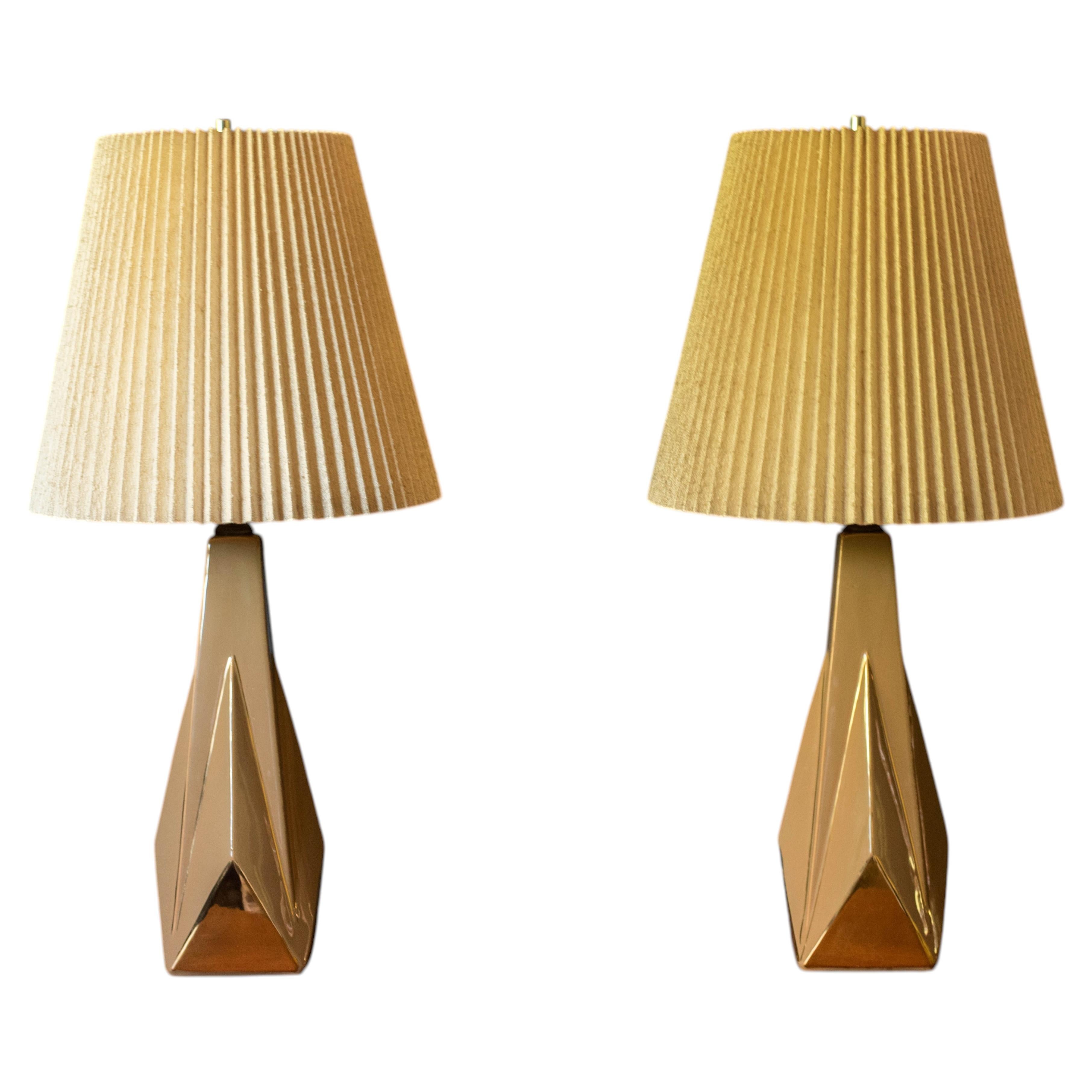 Pair of Vintage Geometric Sculptural Ceramic Accent Table Lamps with Shades