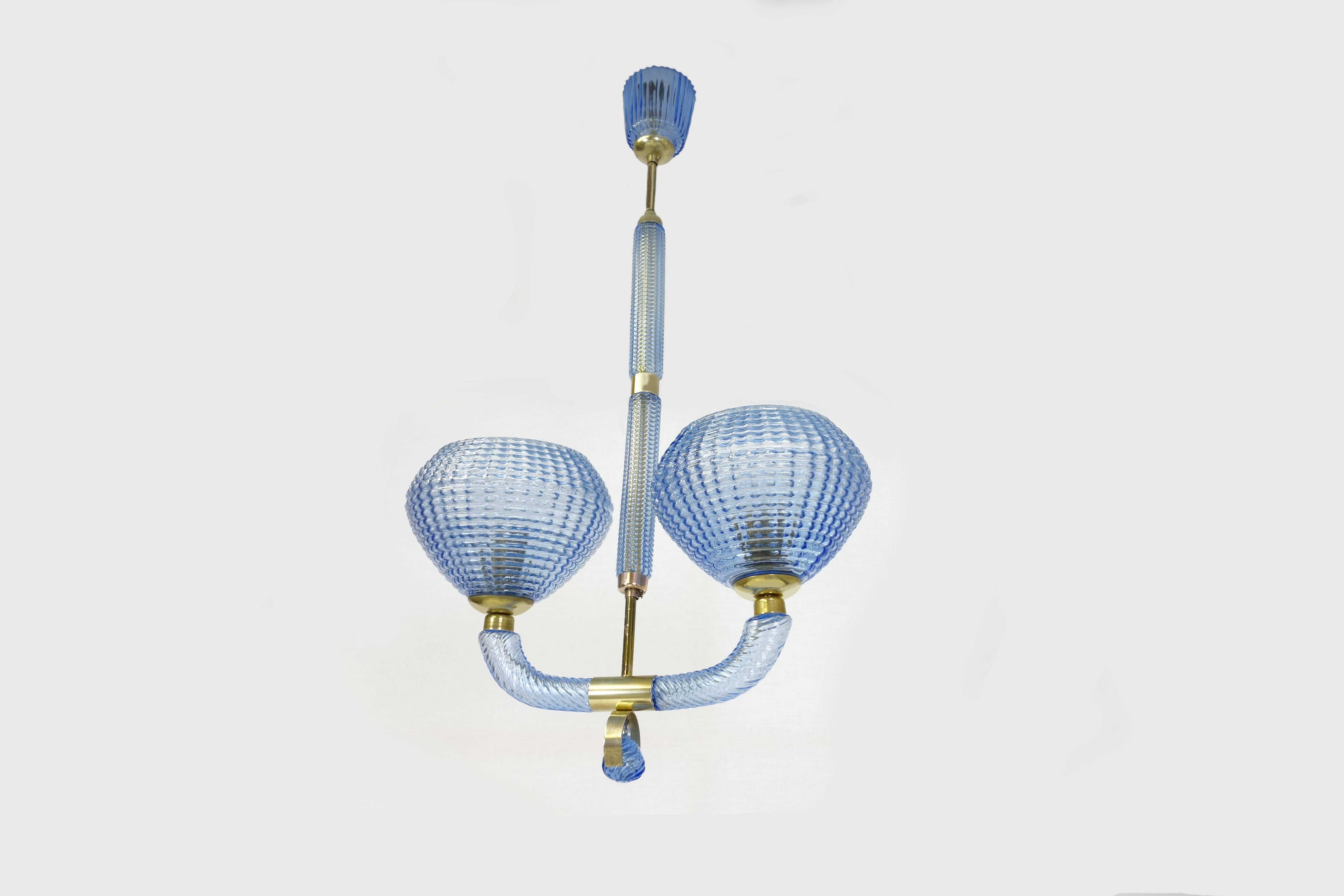 Amazing blue pendant lamp with glass branches, two glass cups and beautiful details by Barovier and Toso. The tasteful accentuation and detailing of the used brass elements enhances the richness and effectiveness of its expression.