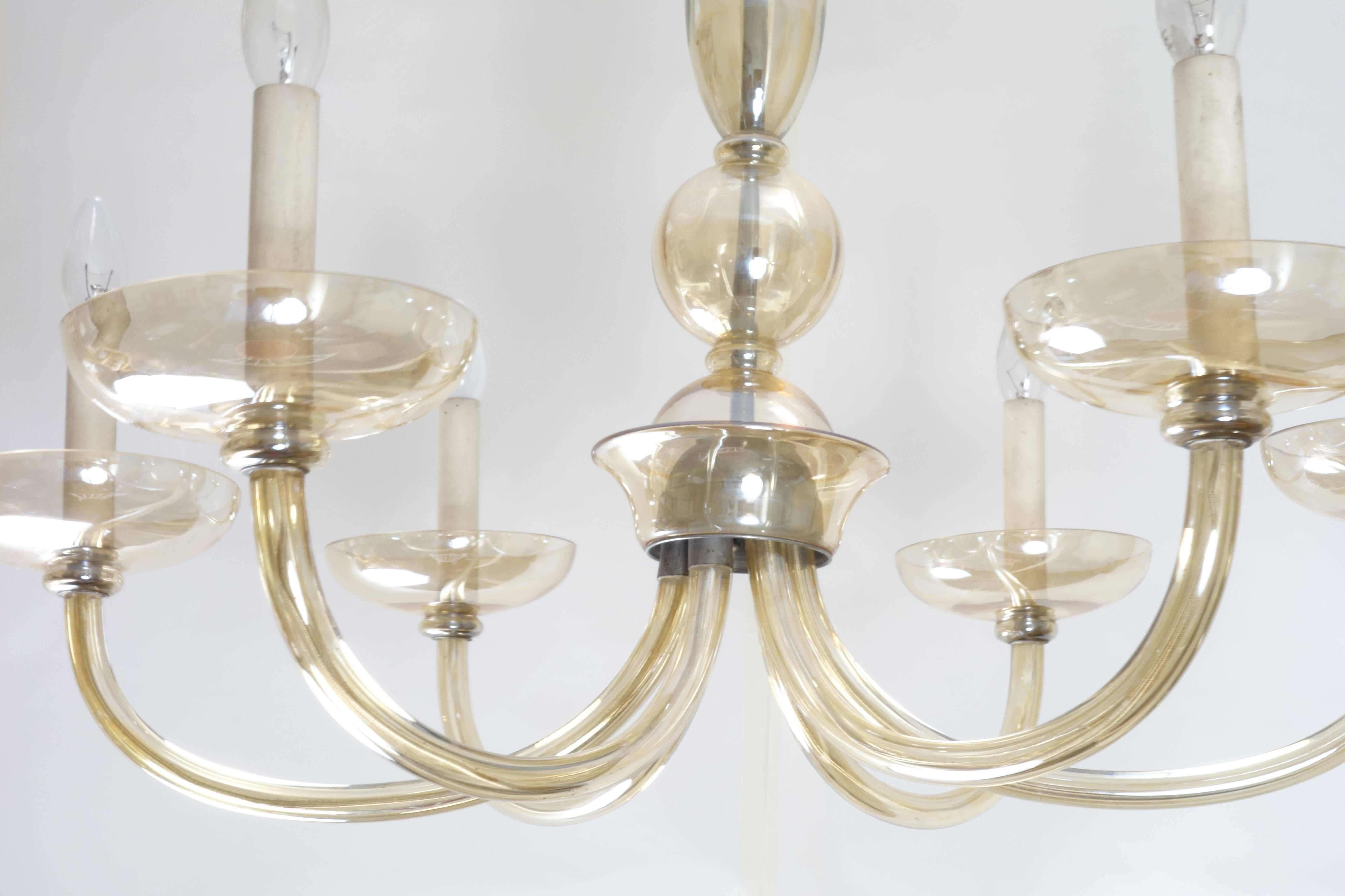 Mid-Century Modern Large Six-Armed Glass Chandelier, Attributed to Lobmeyr, Translucent Amber Shade For Sale