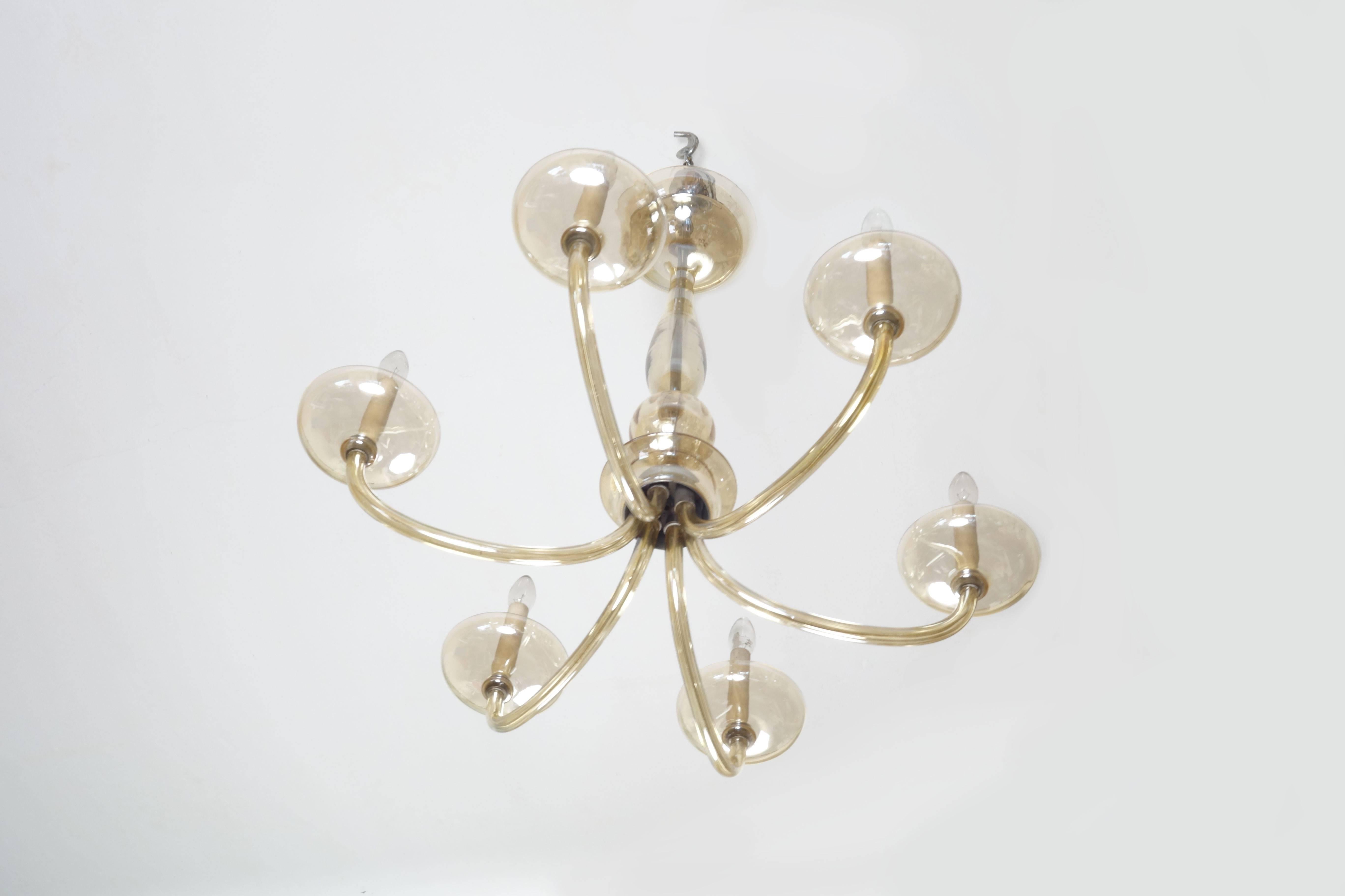 Austrian Large Six-Armed Glass Chandelier, Attributed to Lobmeyr, Translucent Amber Shade For Sale