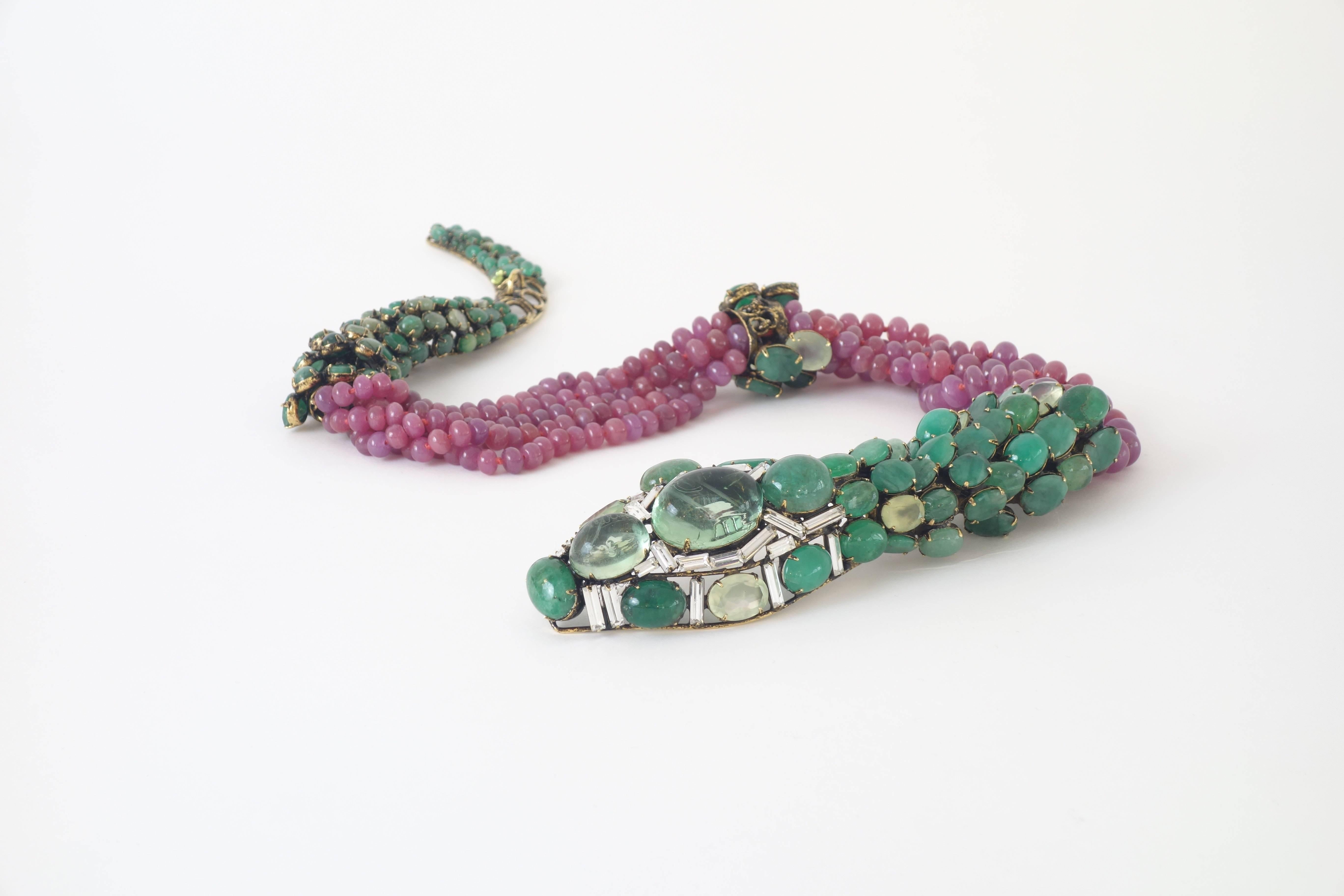 Snake necklace by Iradj Moini, with a blend of emerald, ruby and Swarovski crystal.