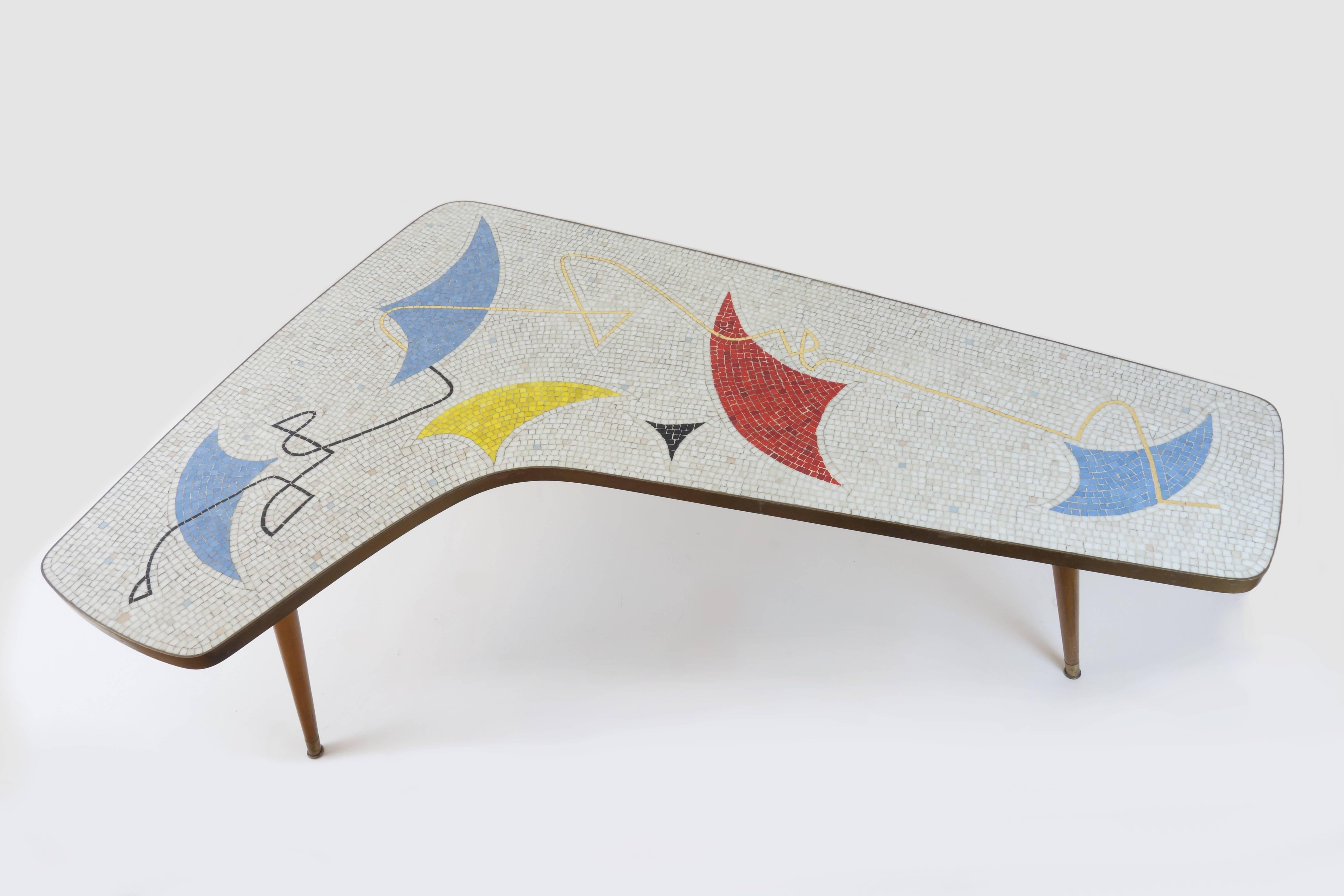 Mid-Century Modern Side Table with Mosaic Tile Tessellation and Brass Edging, France, 1950s For Sale