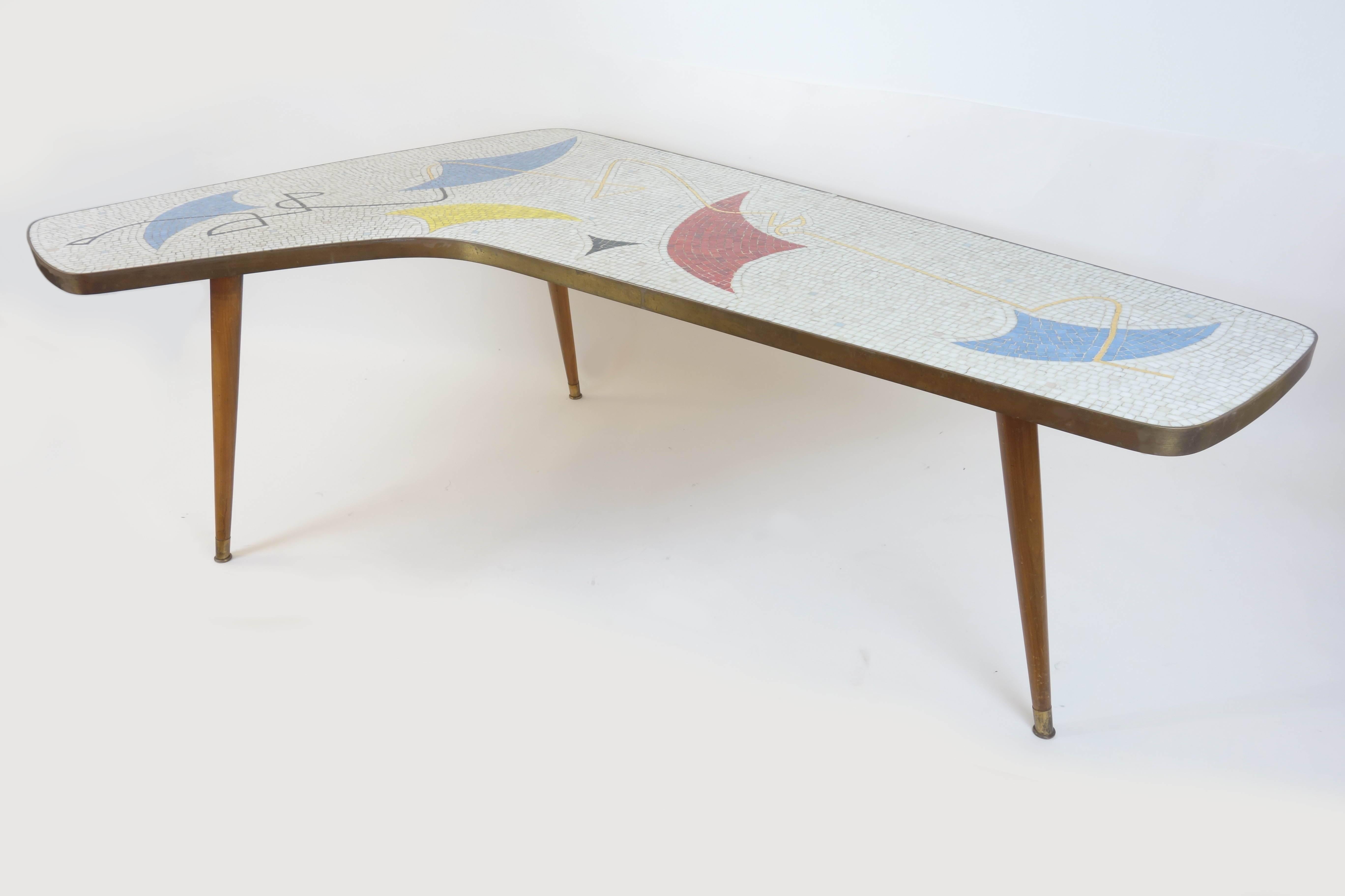 French Side Table with Mosaic Tile Tessellation and Brass Edging, France, 1950s For Sale