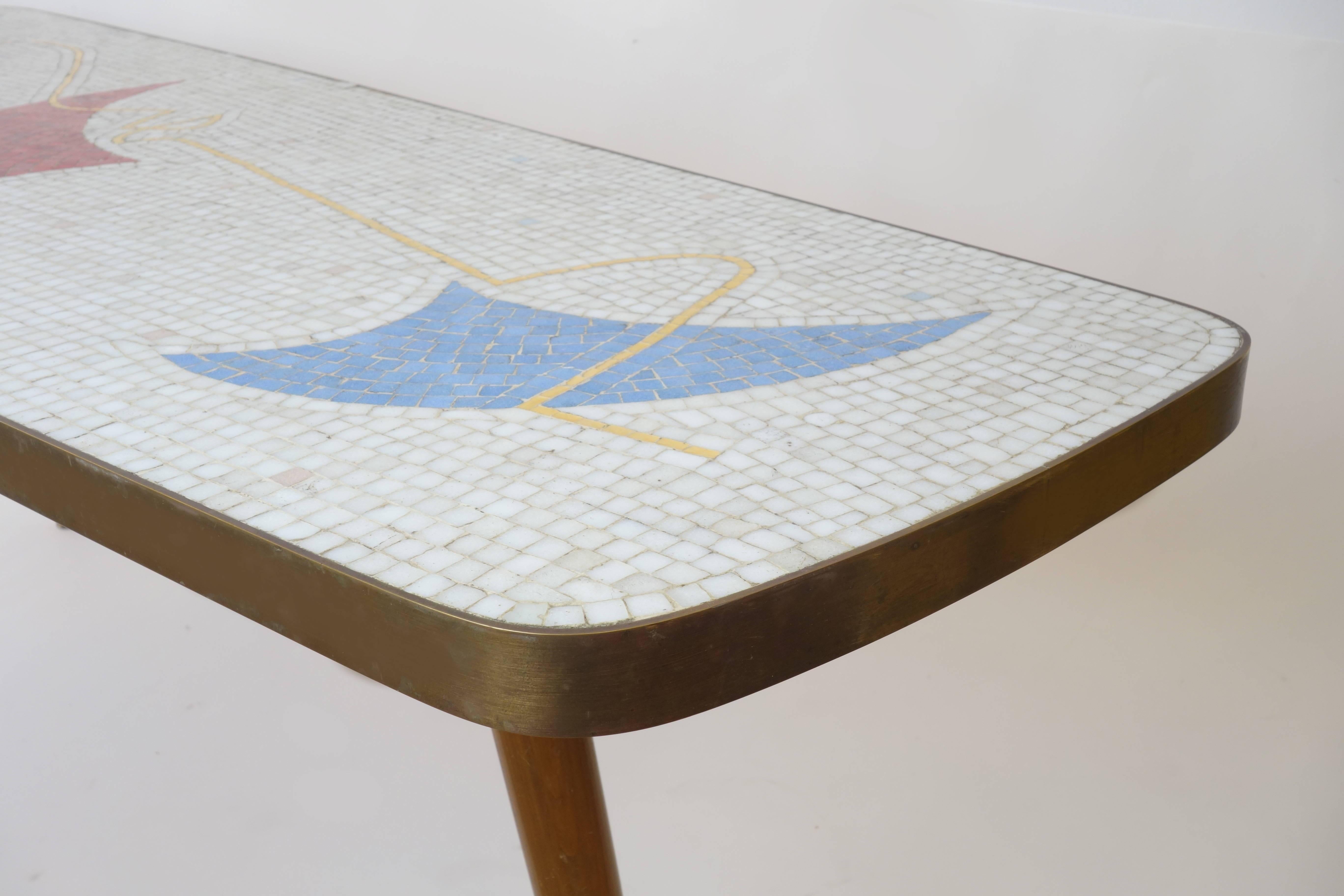 Mid-20th Century Side Table with Mosaic Tile Tessellation and Brass Edging, France, 1950s For Sale