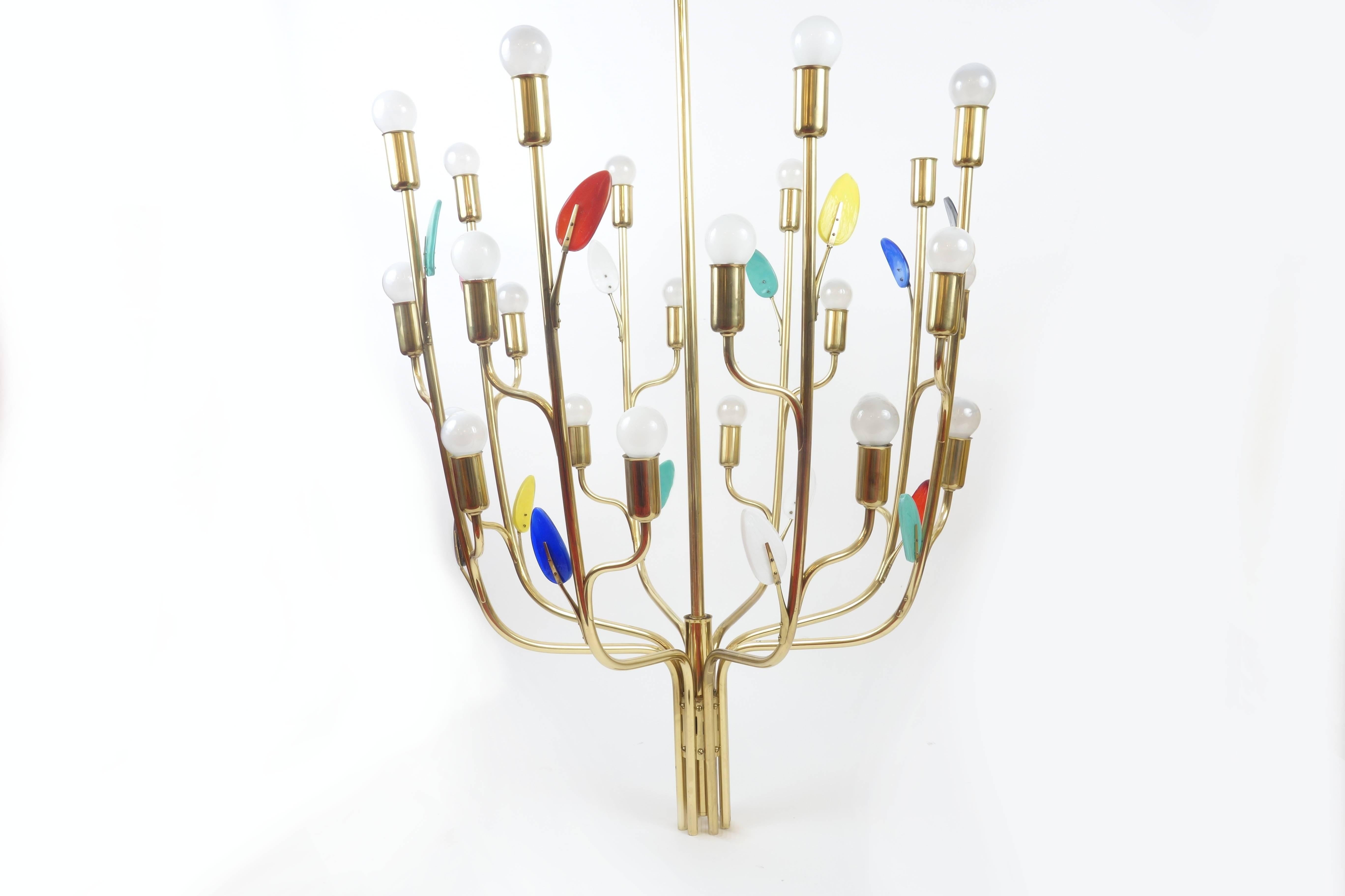 Large chandelier by Kalmar from the 1950s with multicolored glass decoration on brass frame.
