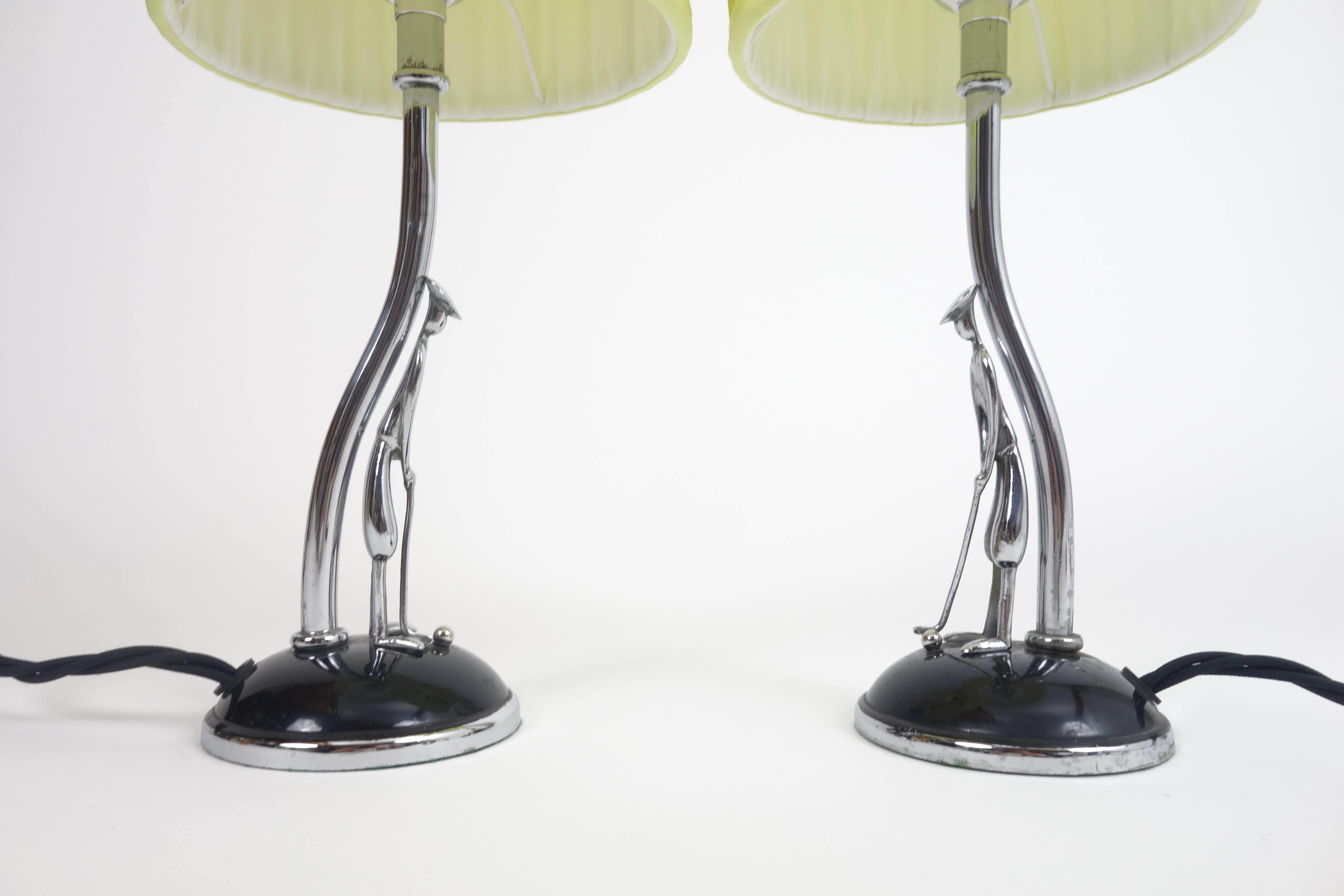 Hagenauer Table Lamps, Sculptured Nickel Stands with Yellow Lampshades In Good Condition For Sale In Perchtoldsdorf, AT