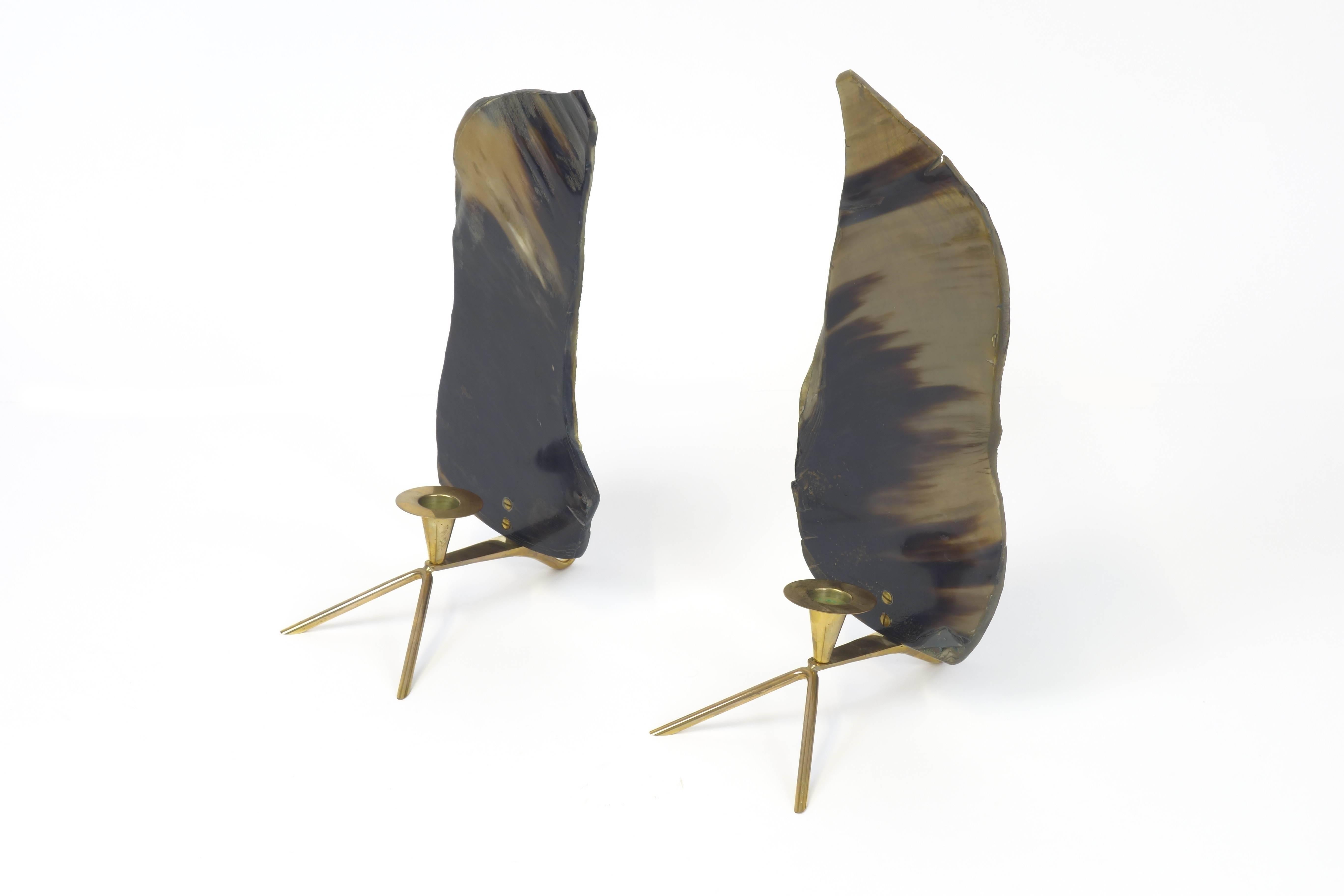 Austrian Pair of Brass Candleholders with Horn Panels by Carl Auböck