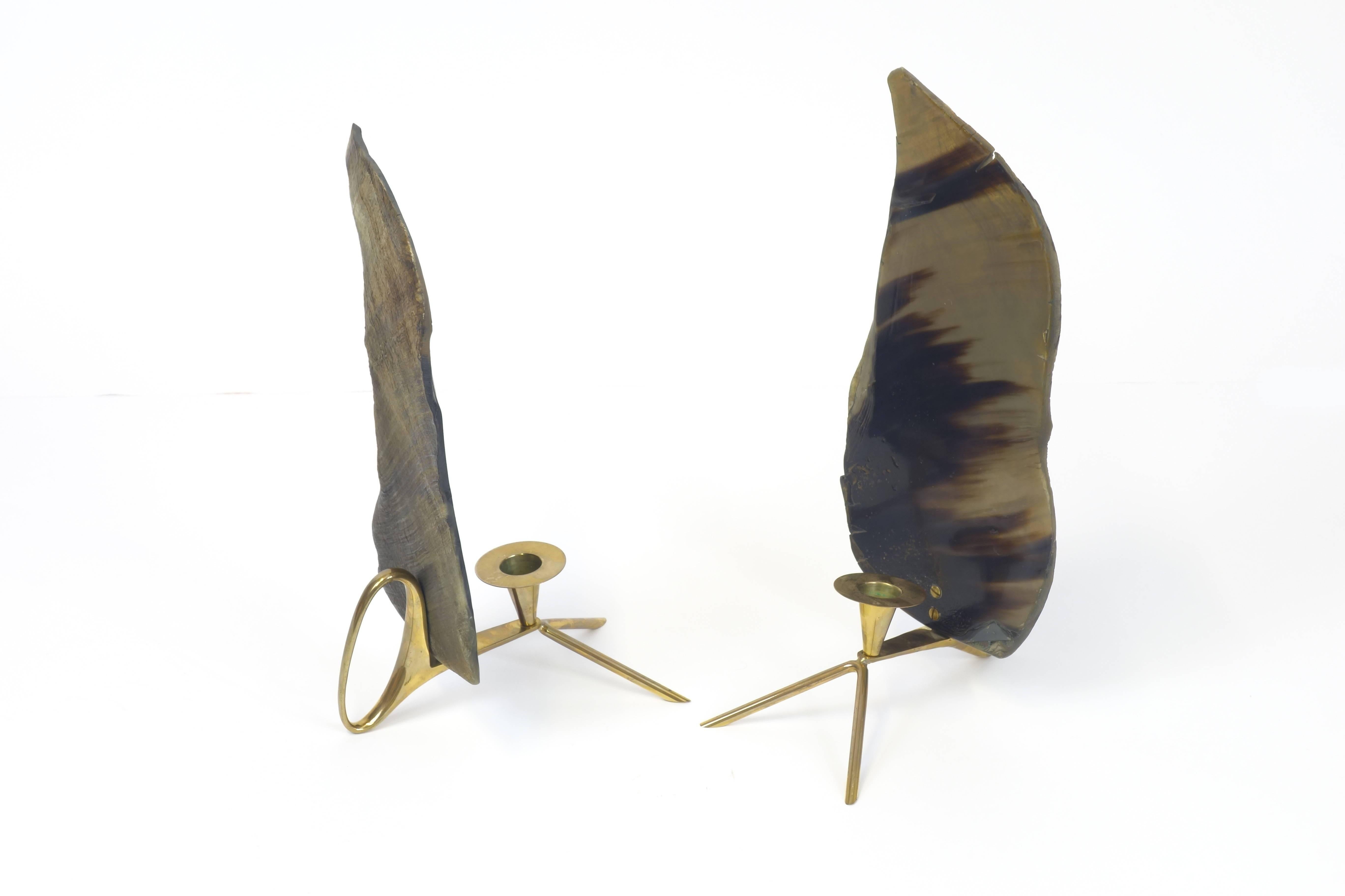 Pair of Brass Candleholders with Horn Panels by Carl Auböck In Excellent Condition In Perchtoldsdorf, AT