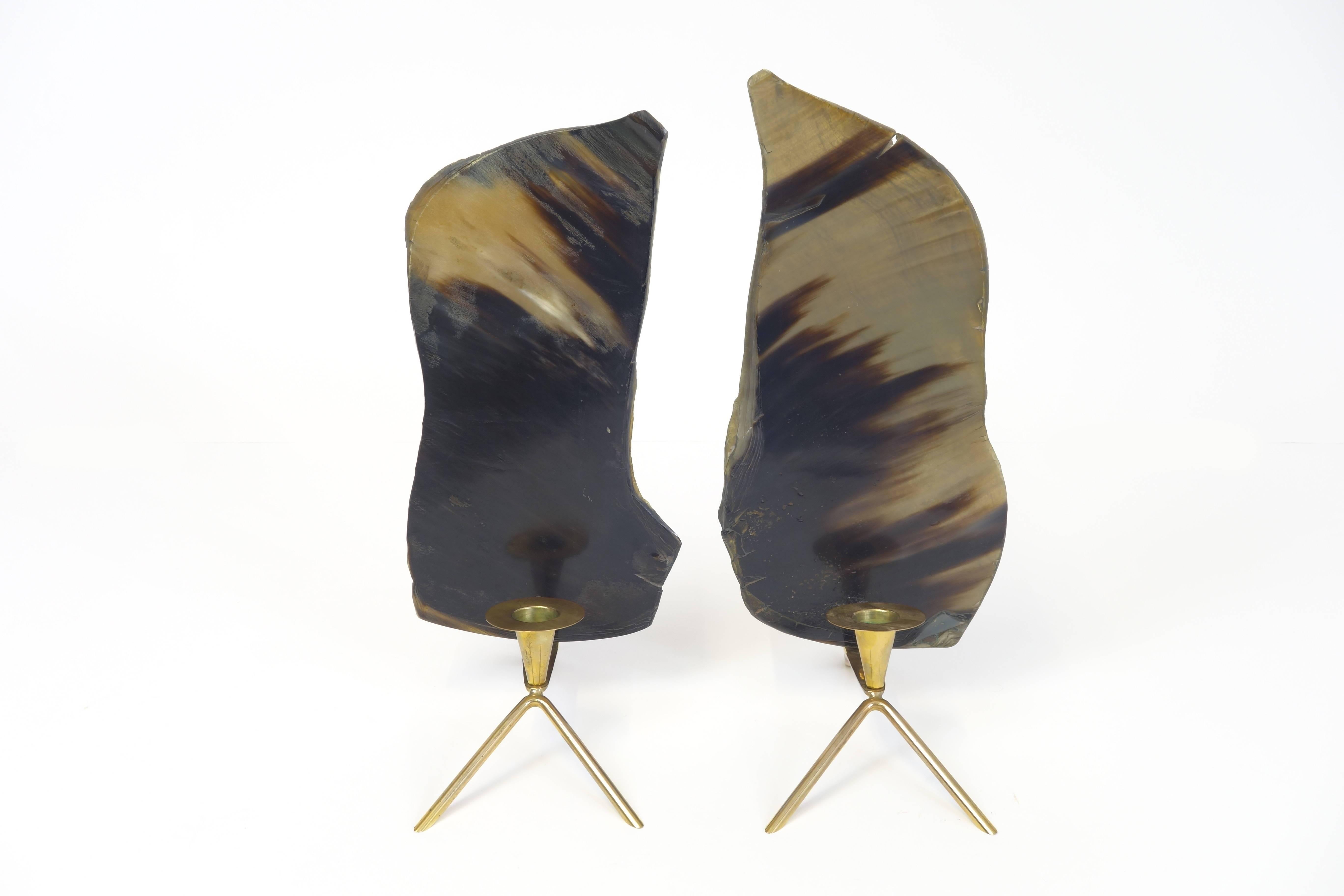 Late 20th Century Pair of Brass Candleholders with Horn Panels by Carl Auböck