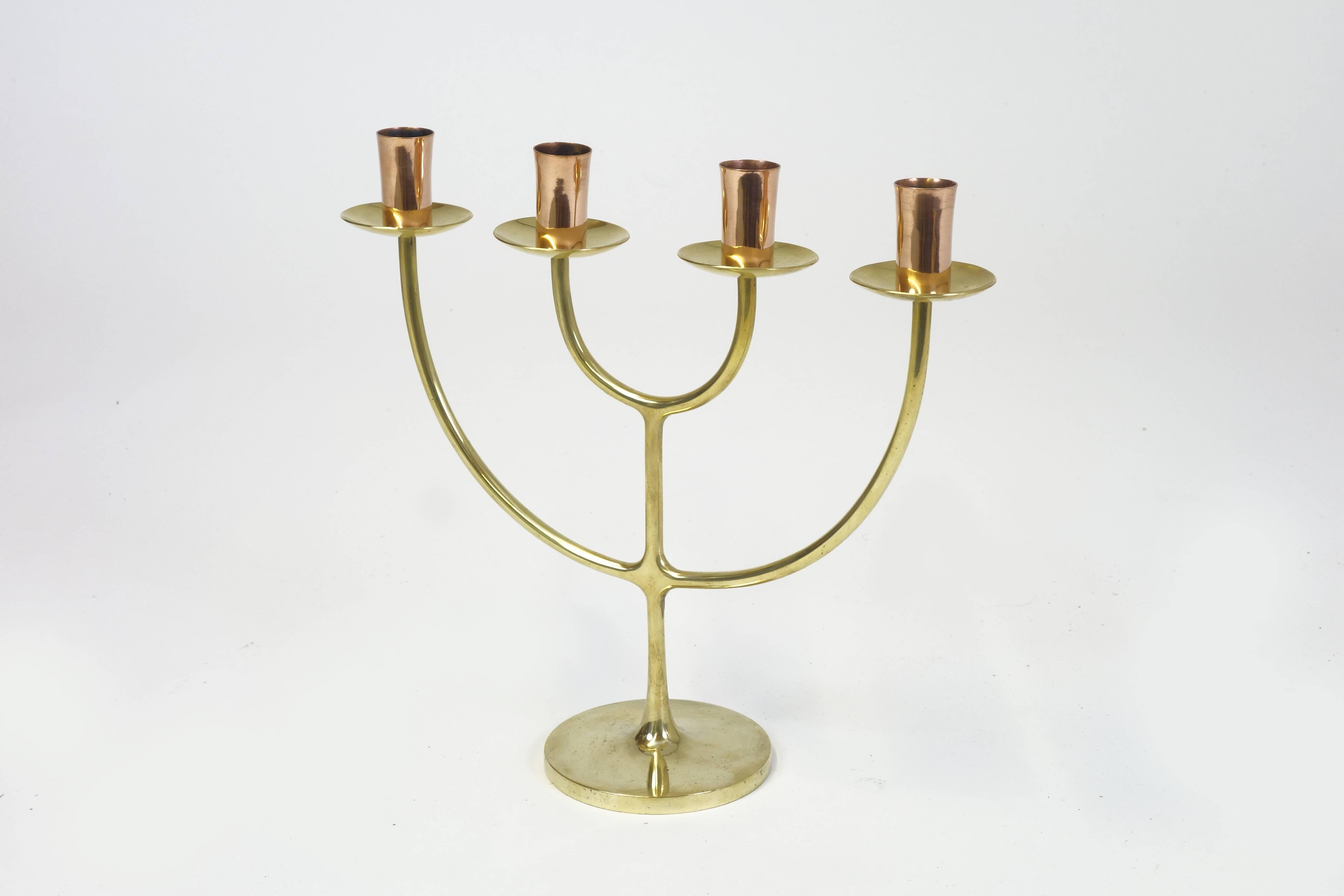 Candleholder for four candles manufactured in brass and copper by Karl Hagenauer, Vienna, 1950.
