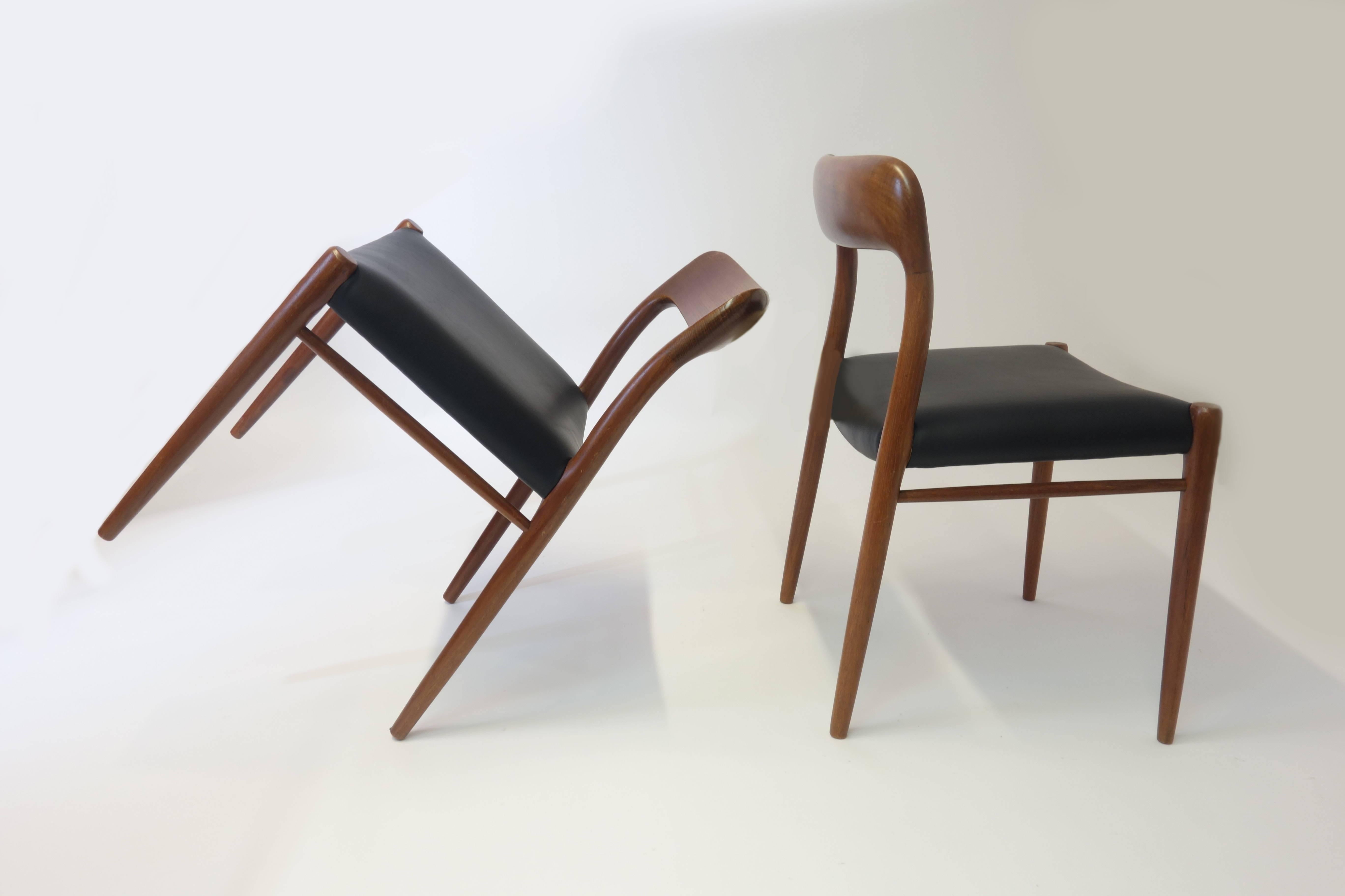 Carved Six Teakwood Leather Midcentury Easy Chairs by J.L. Moeller, Denmark For Sale